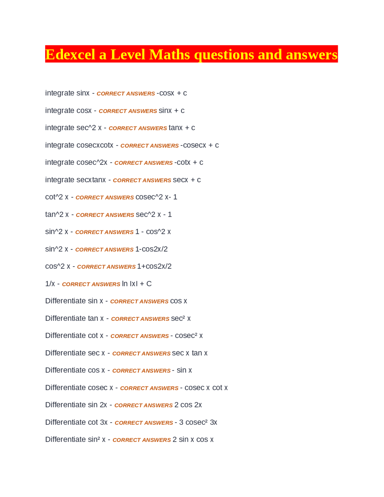 Edexcel a Level Maths questions and answers | Exams Mathematics | Docsity