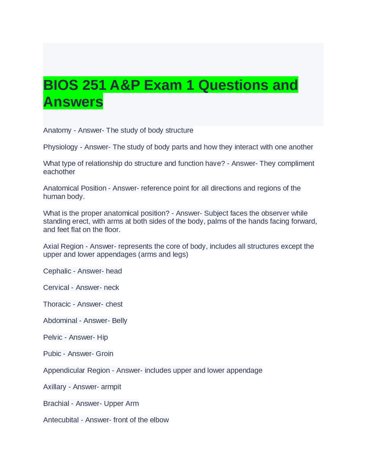 BIOS 251 A&P Exam 1 Questions and Answers | Exams Nursing | Docsity