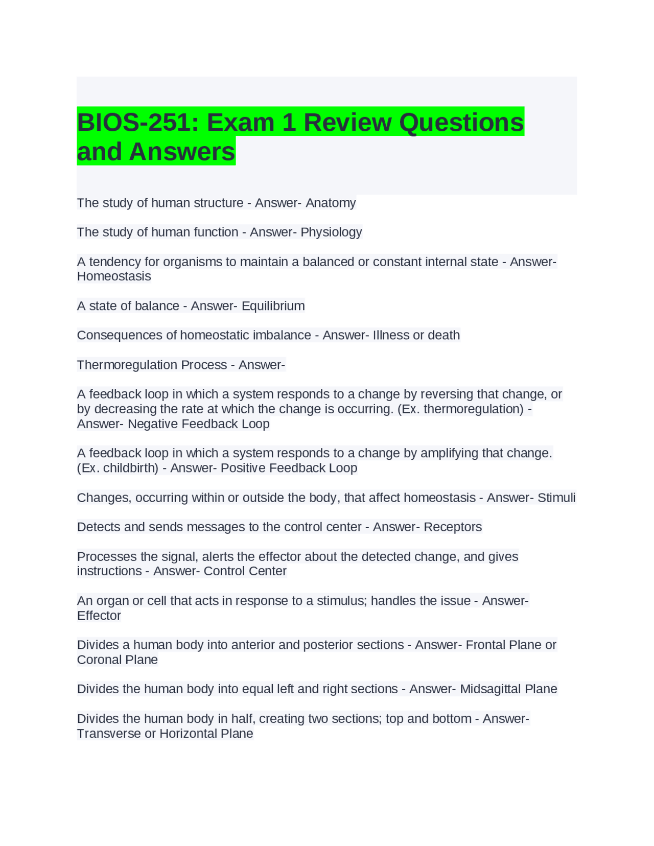 BIOS-251 Exam 1 Review Questions and Answers | Exams Nursing | Docsity
