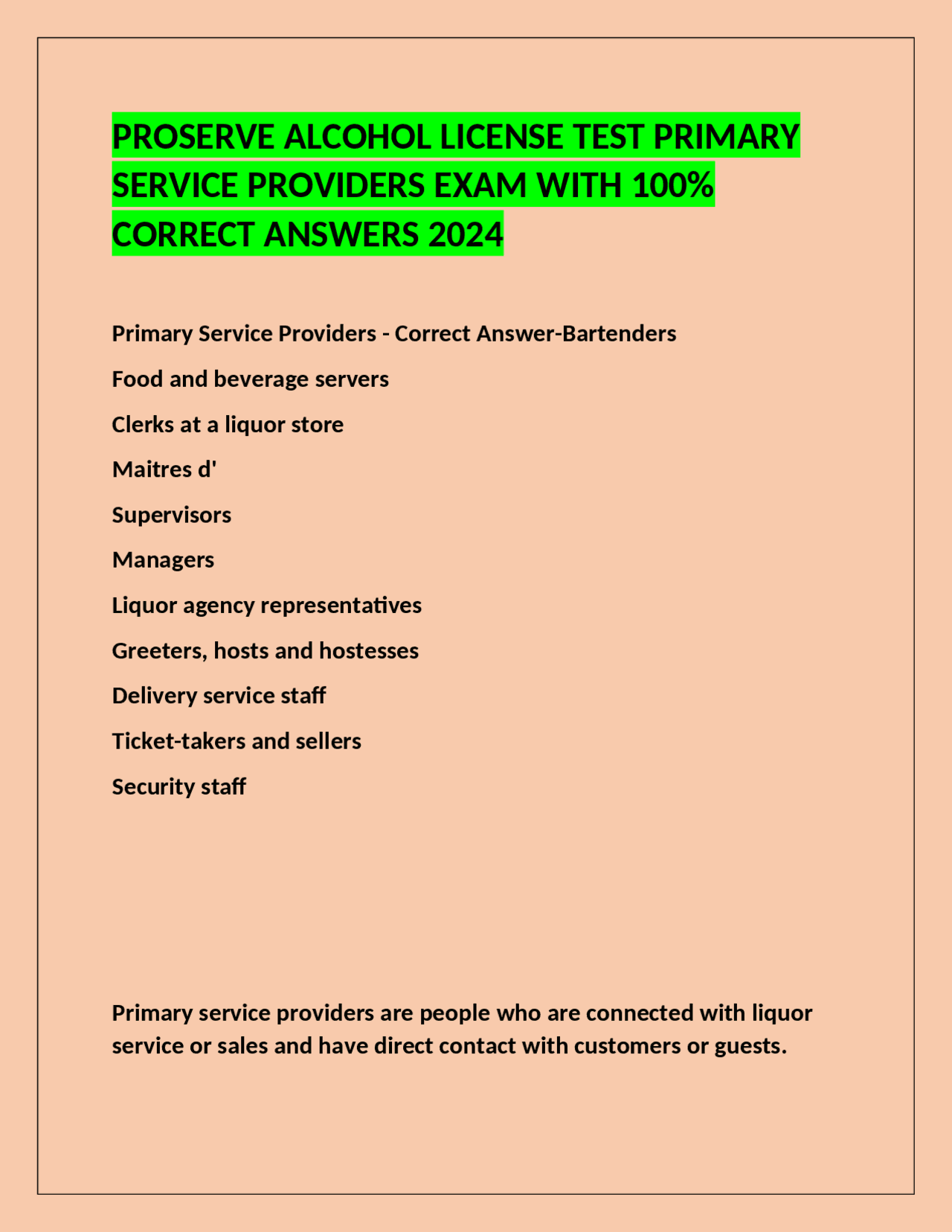 PROSERVE ALCOHOL LICENSE TESTPRIMARY SERVICE PROVIDERS EXAM WITH 100