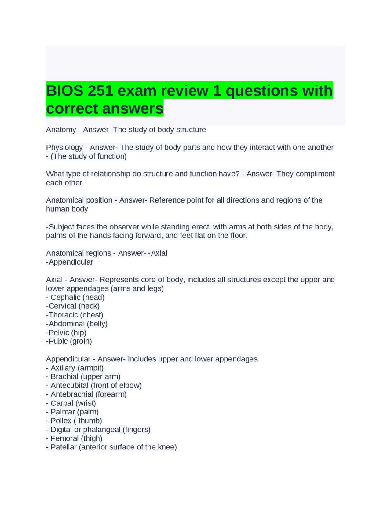 BIOS 251 exam review 1 questions with correct answers | Exams Nursing ...