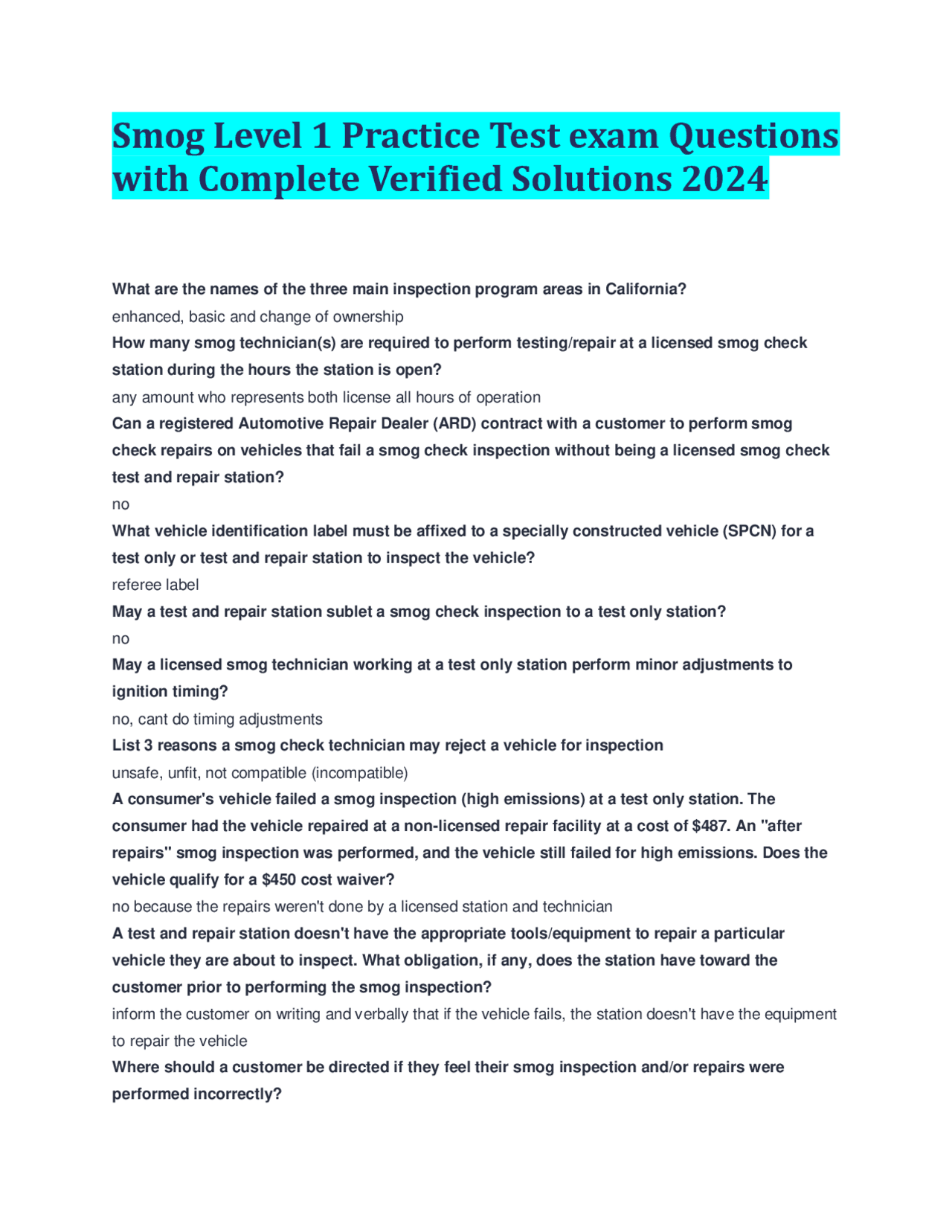 Smog Level 1 Practice Test exam Questions with Complete Verified ...