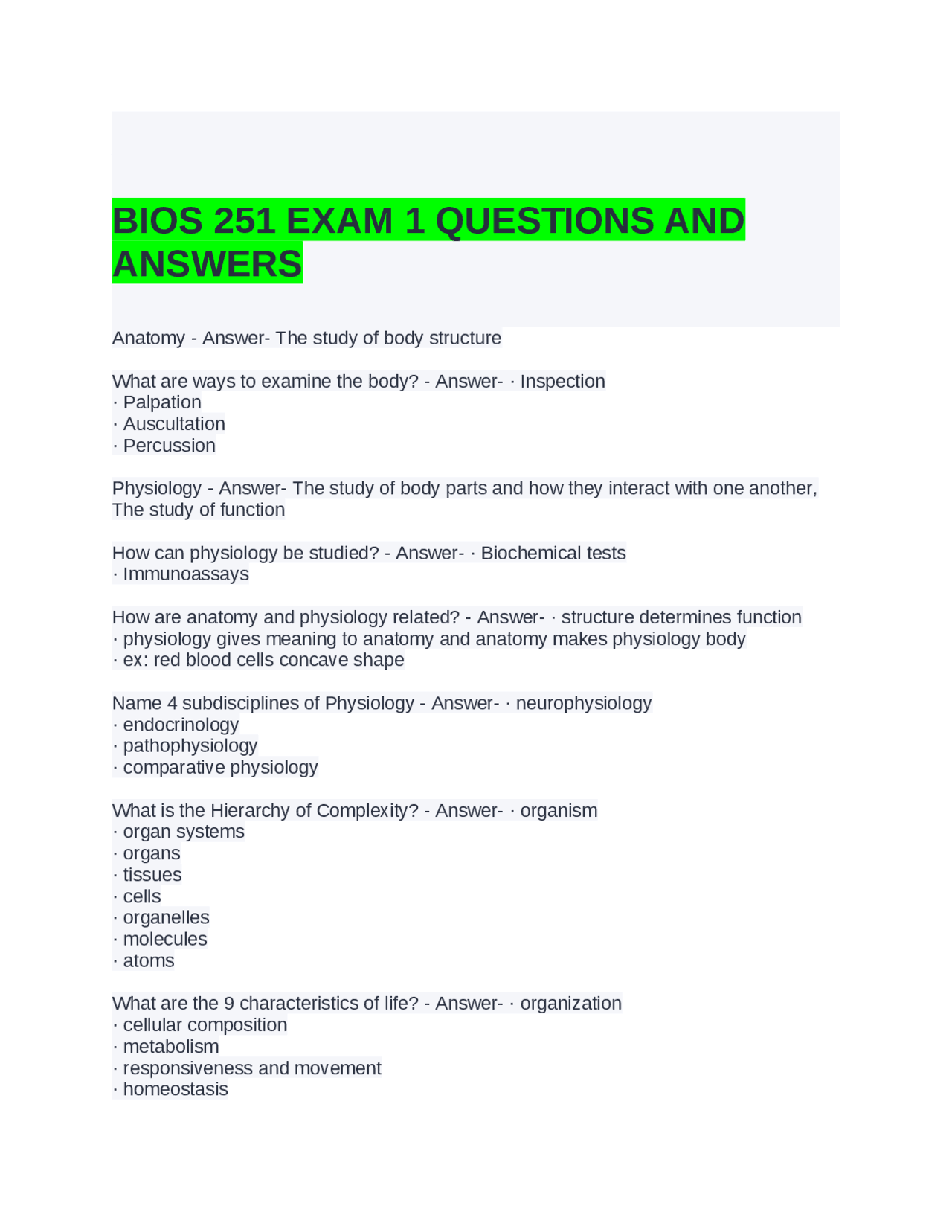 BIOS 251 EXAM 1 QUESTIONS AND ANSWERS | Exams Nursing | Docsity