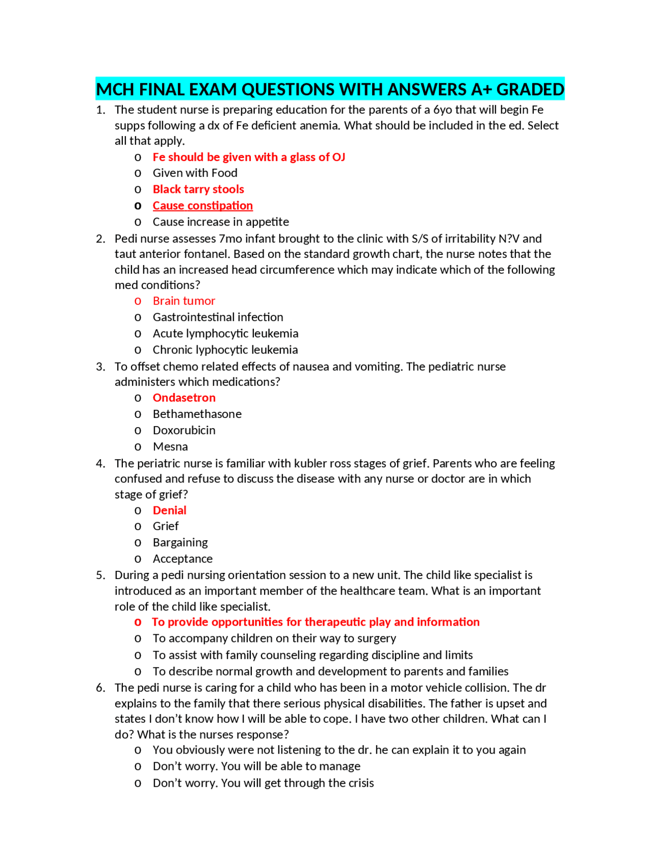 MCH FINAL EXAM QUESTIONS WITH ANSWERS A+ GRADED | Exams Nursing | Docsity