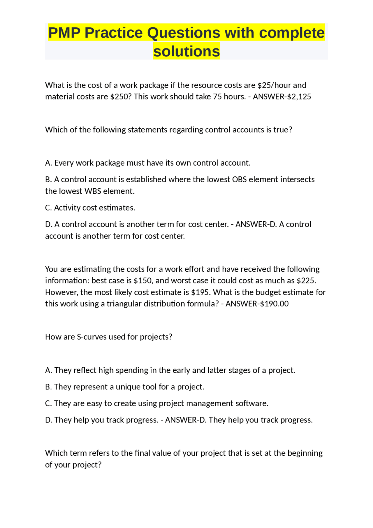 PMP Exam - Process Part 1 Questions with complete solutions | Exams ...