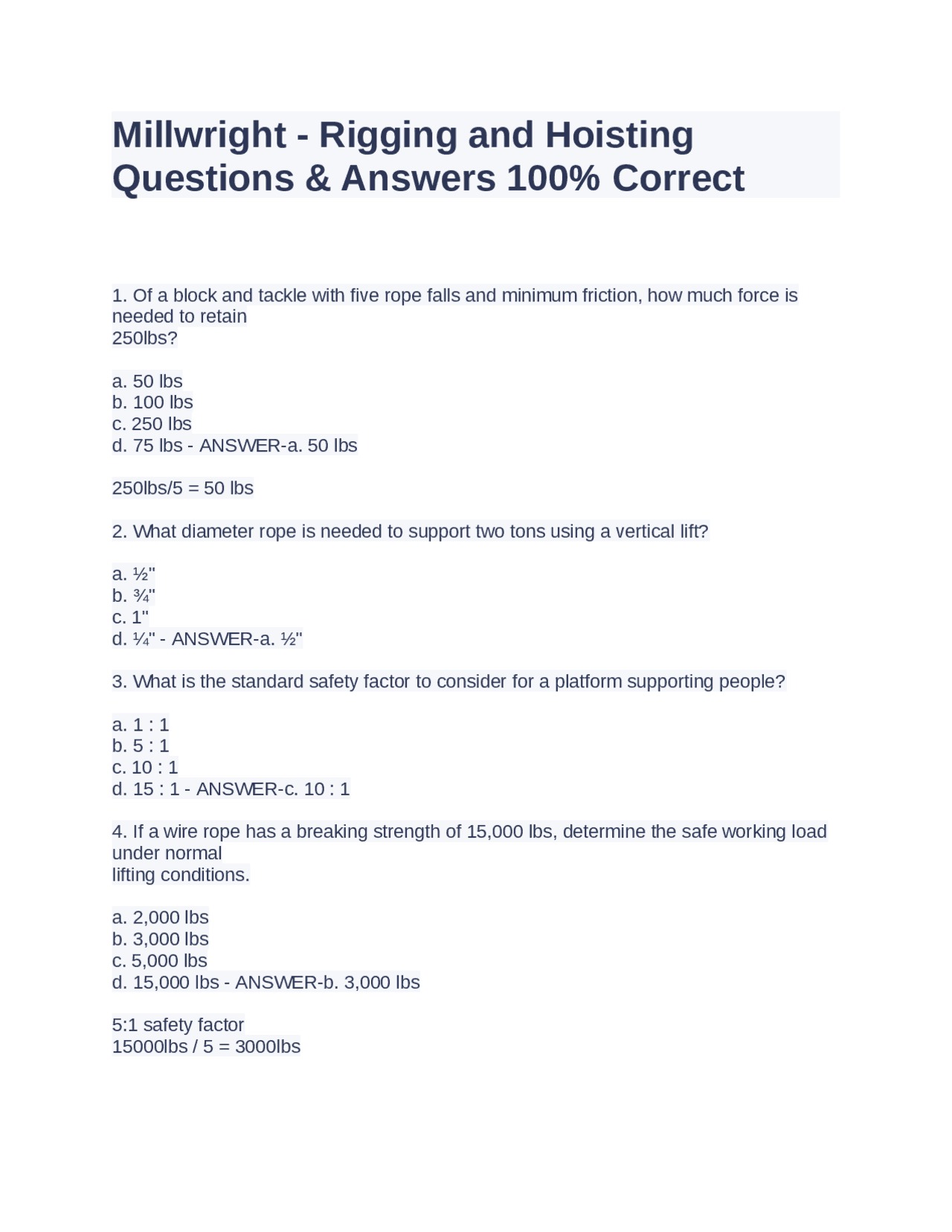 Millwright Rigging and Hoisting Questions & Answers 100 Correct