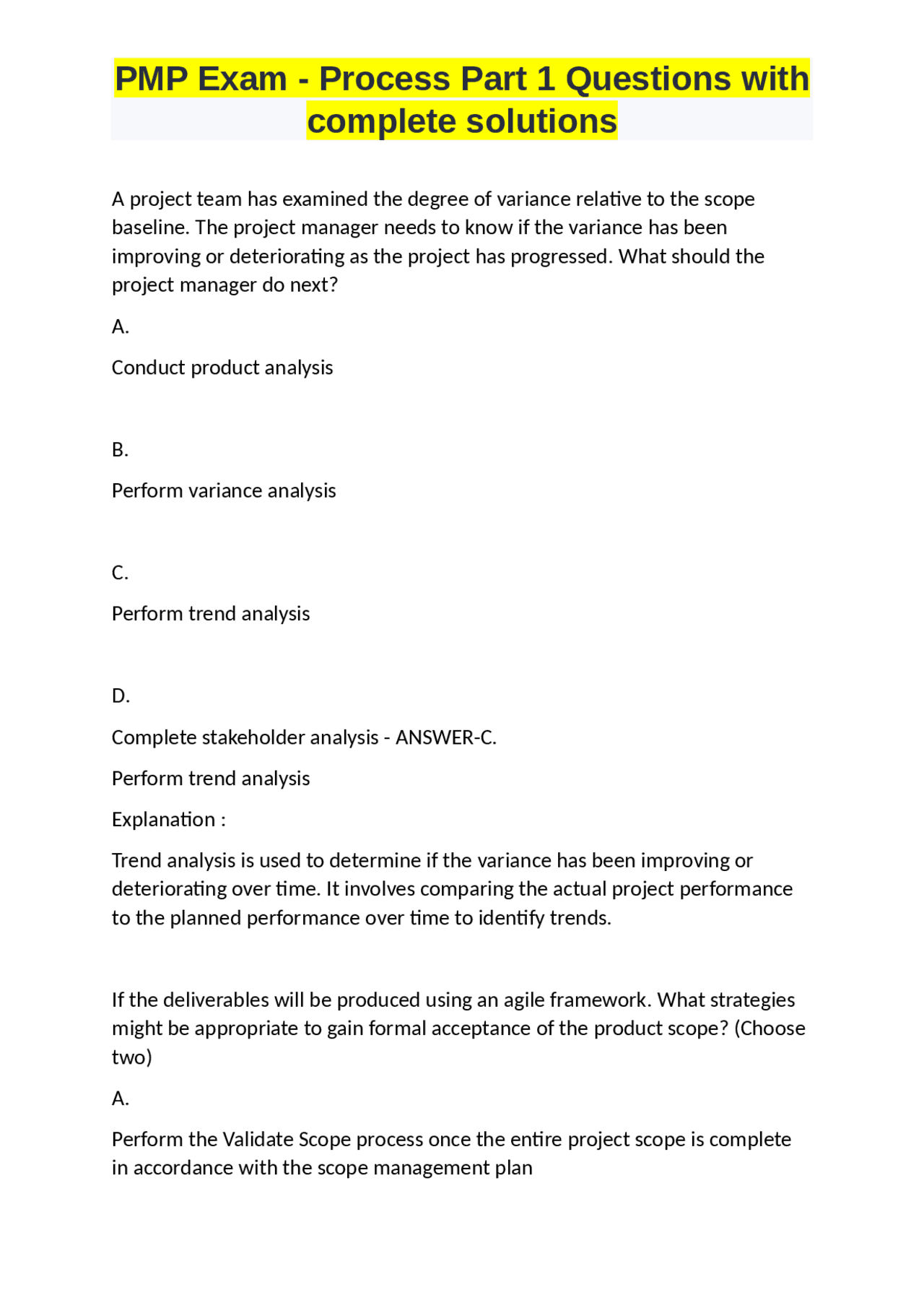 PMP Exam - Process Part 1 Questions with complete solutions | Exams ...