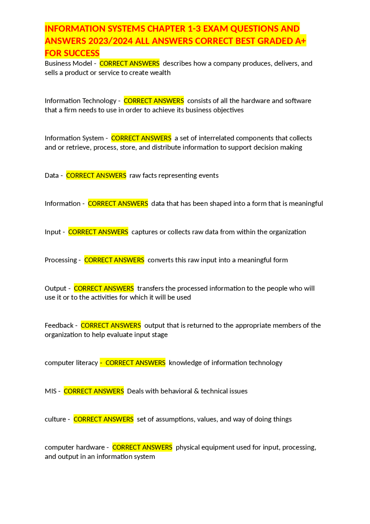 INFORMATION SYSTEMS CHAPTER 1-3 EXAM QUESTIONS AND ANSWERS 2023/2024 ...