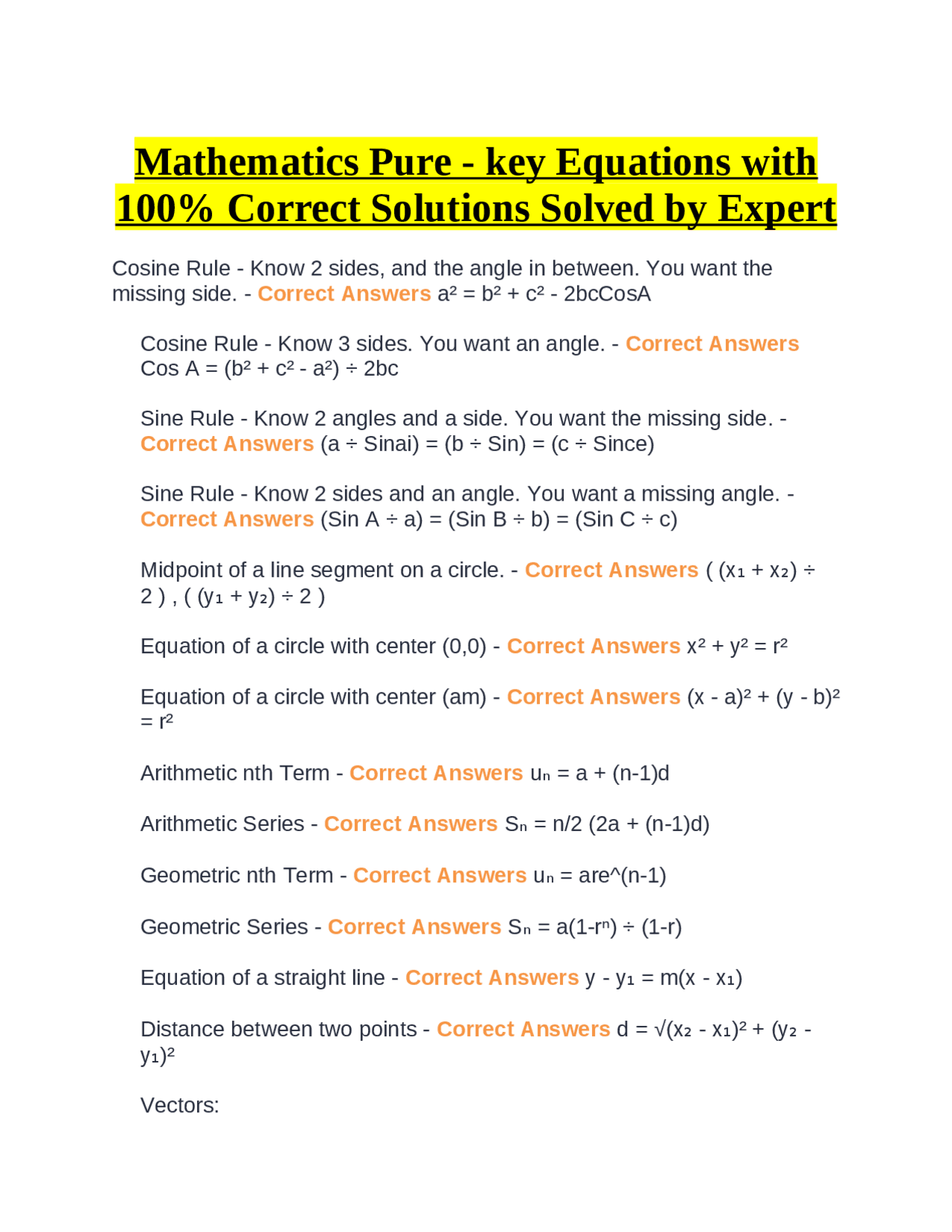 Mathematics Pure - key Equations with 100% Correct Solutions Solved by ...