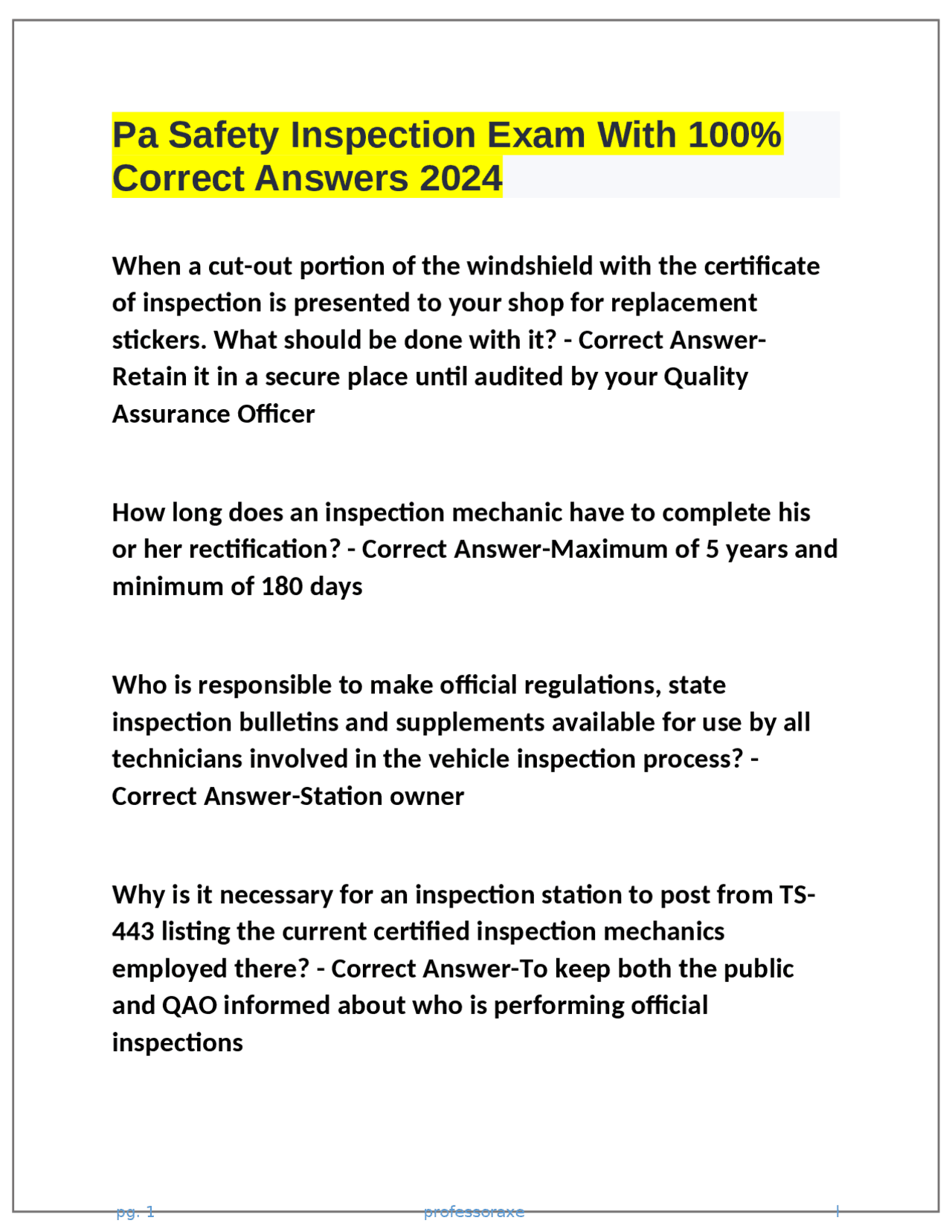 Pa Safety Inspection Exam With 100% Correct Answers 2024 | Exams ...