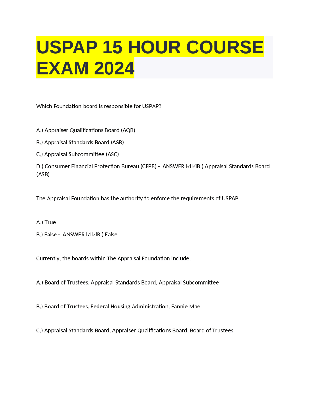 USPAP 15 HOUR COURSE EXAM 2024 | Exams Nursing | Docsity