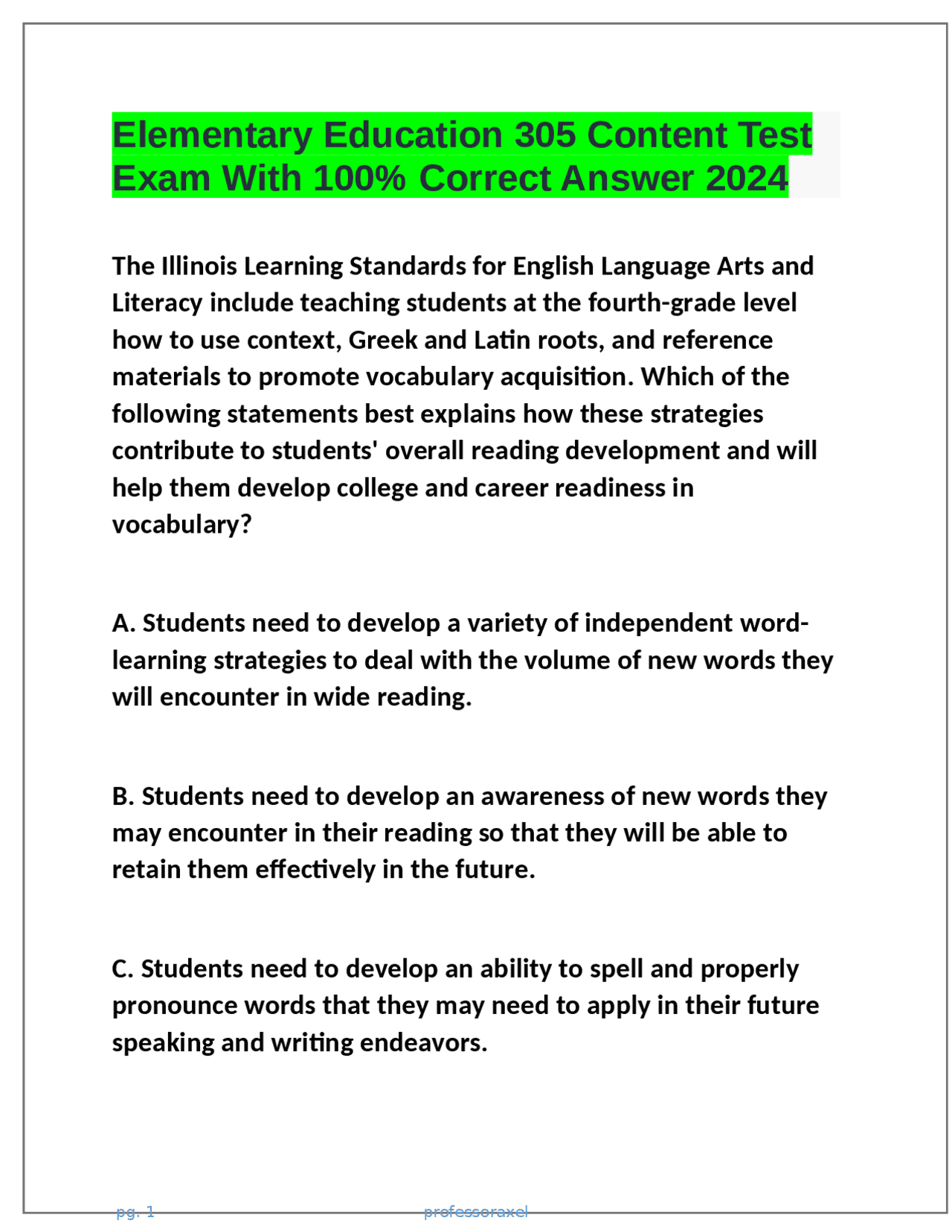 Elementary Education 305 Content Test Exam With 100% Correct Answer ...