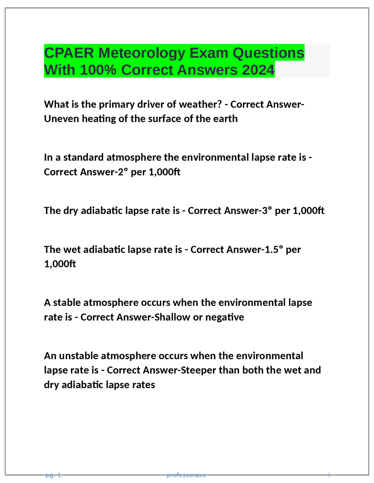 CPAER Meteorology Exam Questions with Correct Answers | Exams Advanced ...