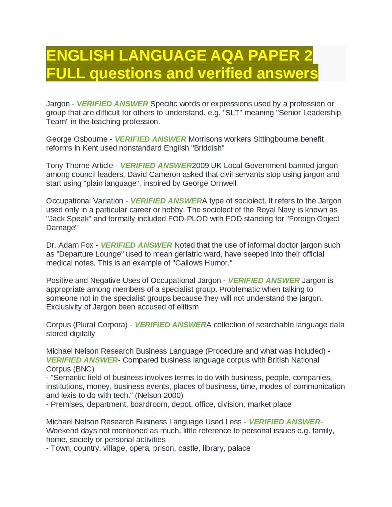 ENGLISH LANGUAGE AQA PAPER 2 FULL questions and verified answers ...