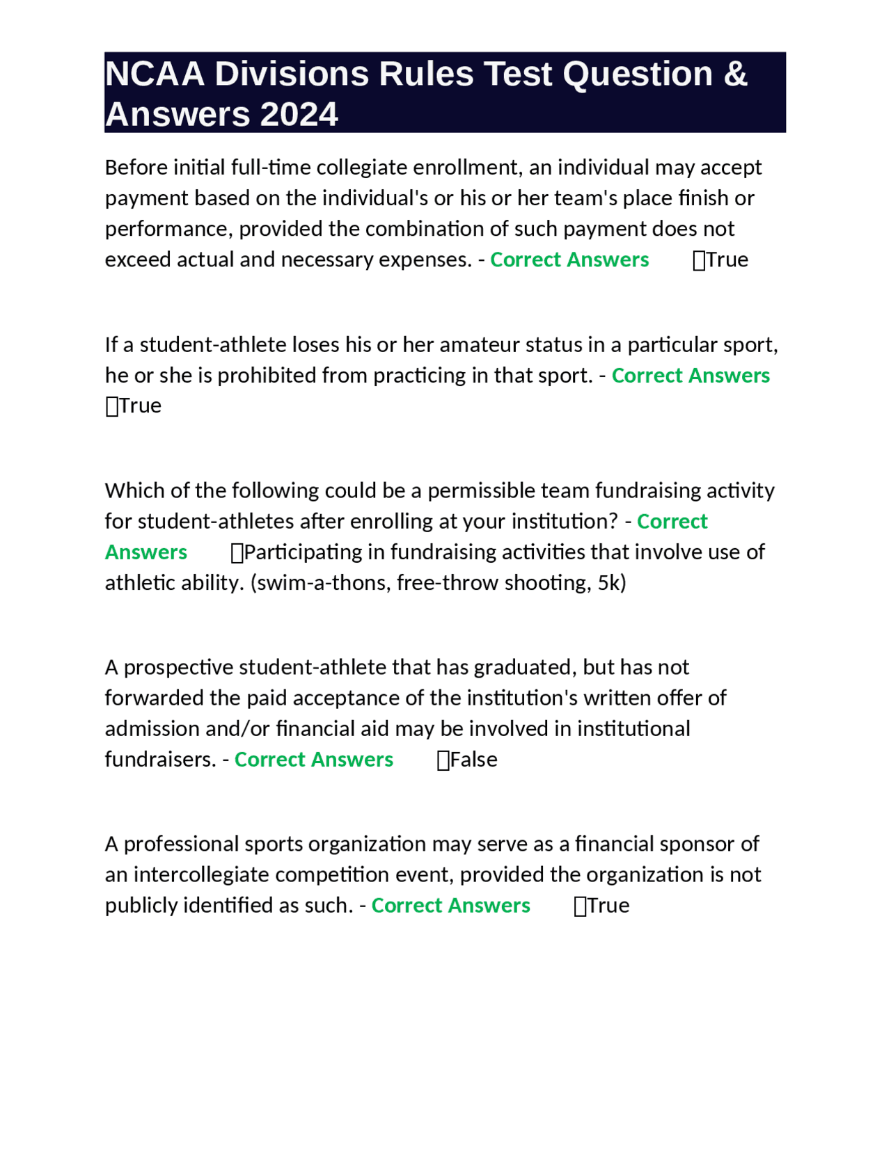 NCAA Divisions Rules Test Question & Answers 2024 | Exams Nursing | Docsity
