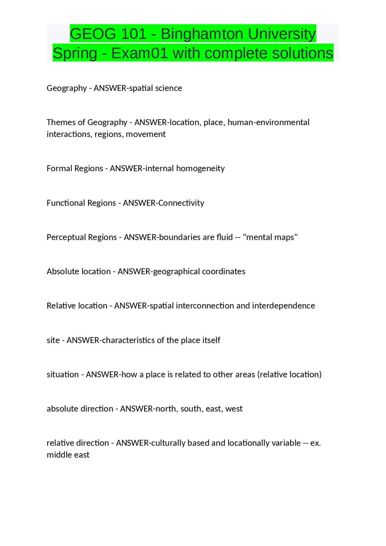Geog 101 Binghamton University Spring Exam01 With Correct Answers Geog 101 Binghamton University Spring Exam01 With Correct Answers
