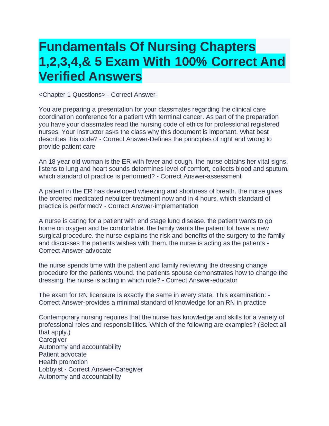 Fundamentals Of Nursing Chapters 1,2,3,4,& 5 Exam With 100% Correct And ...