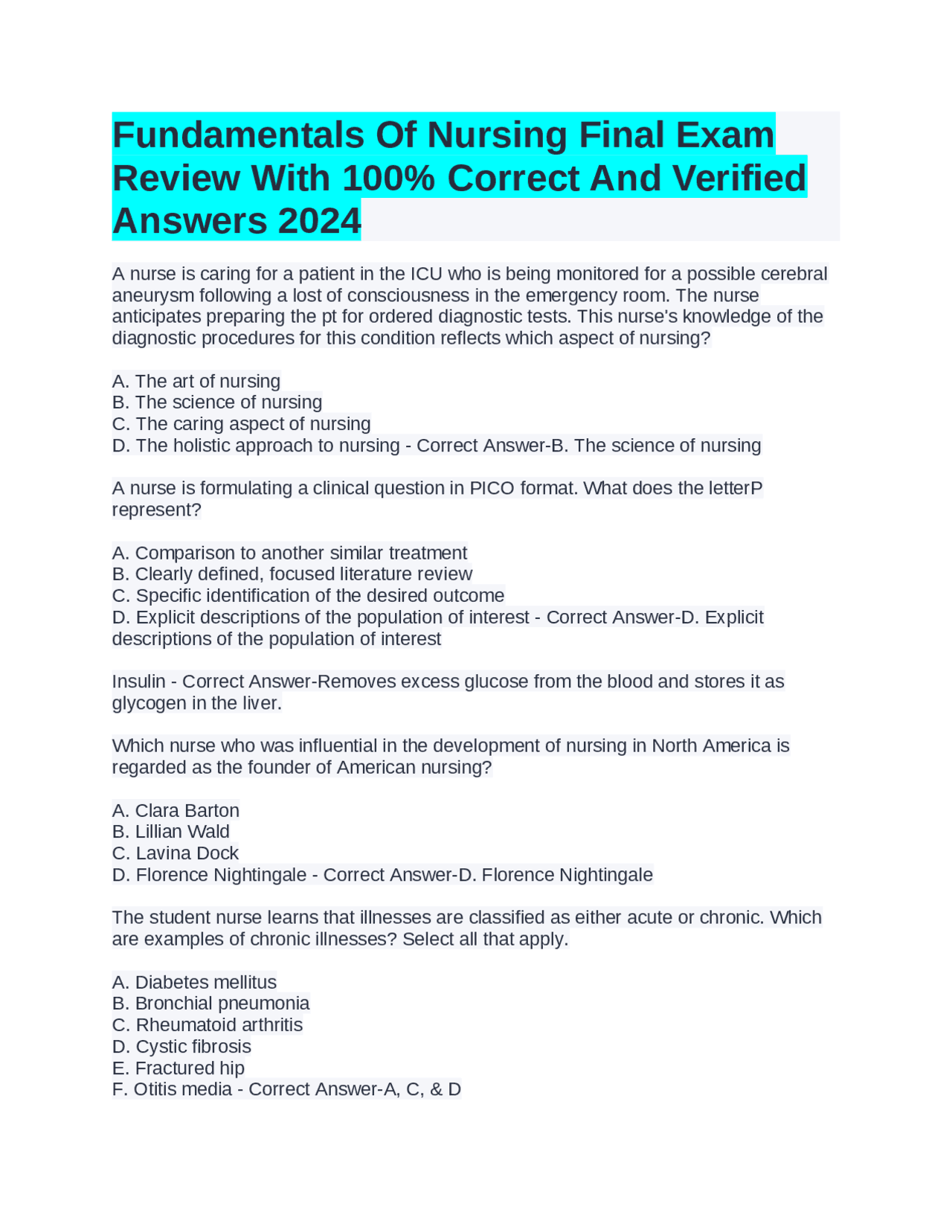 Fundamentals Of Nursing Final Exam Review With 100% Correct And ...