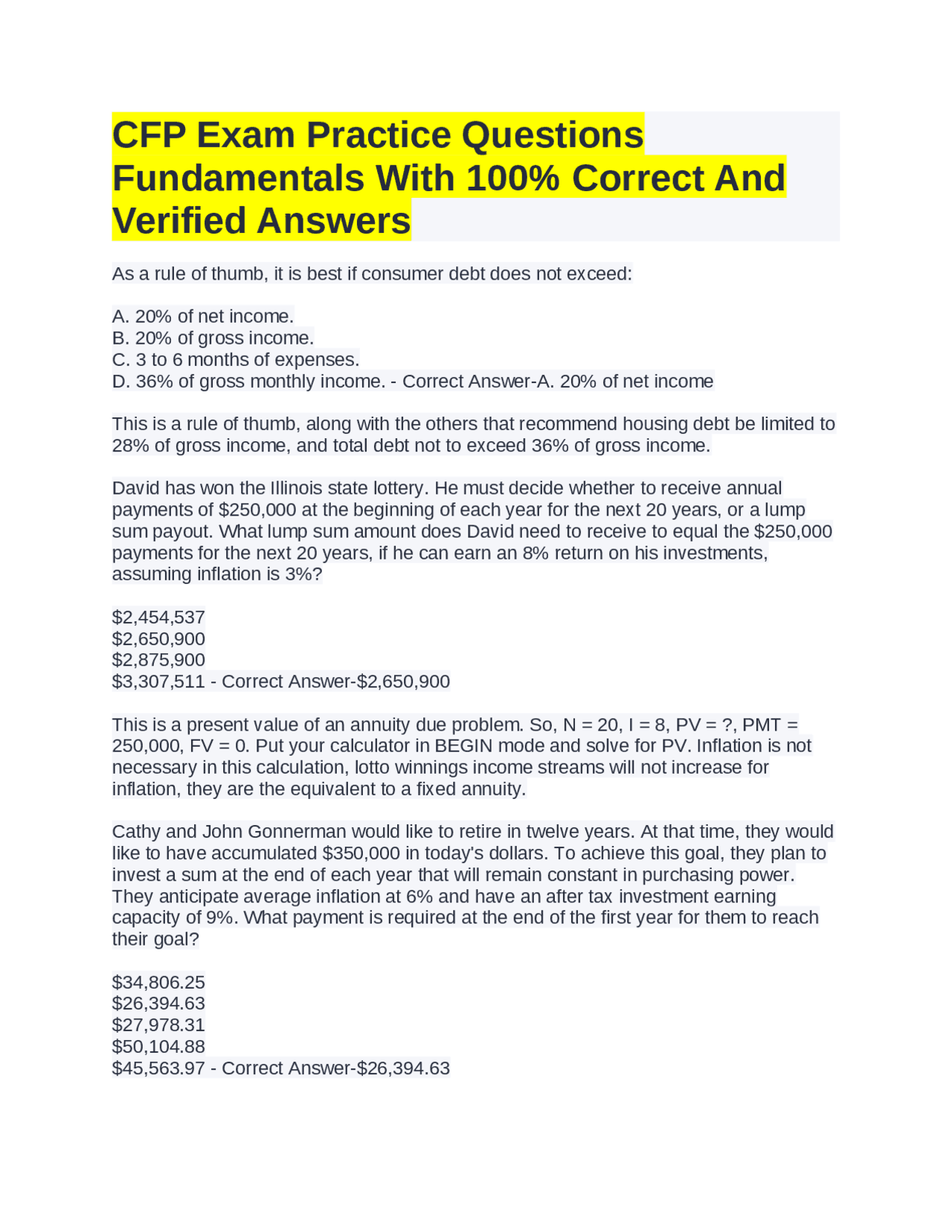 CFP Exam Practice Questions Fundamentals With 100% Correct And Verified ...