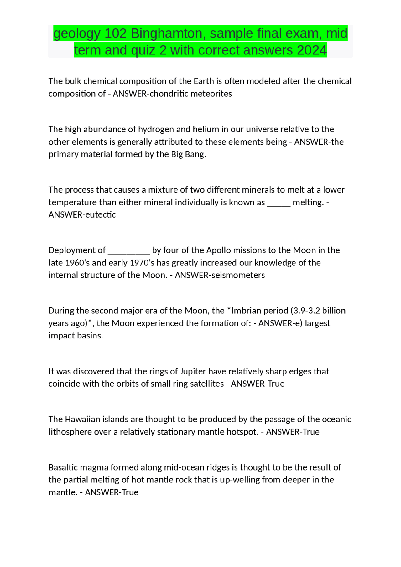 geology 102 Binghamton, sample final exam with correct answers 2024