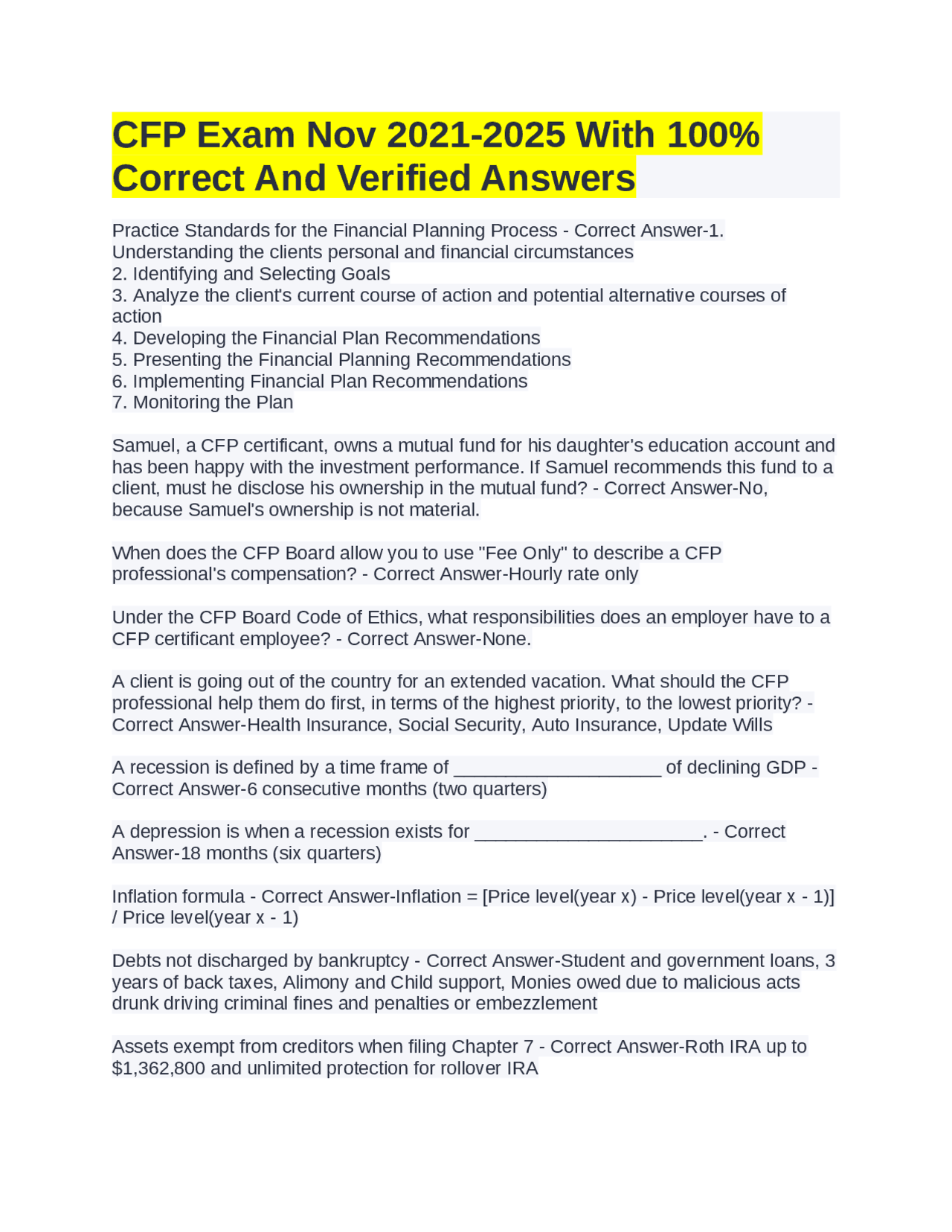 CFP Exam Nov 2021-2025 With 100% Correct And Verified Answers | Exams ...