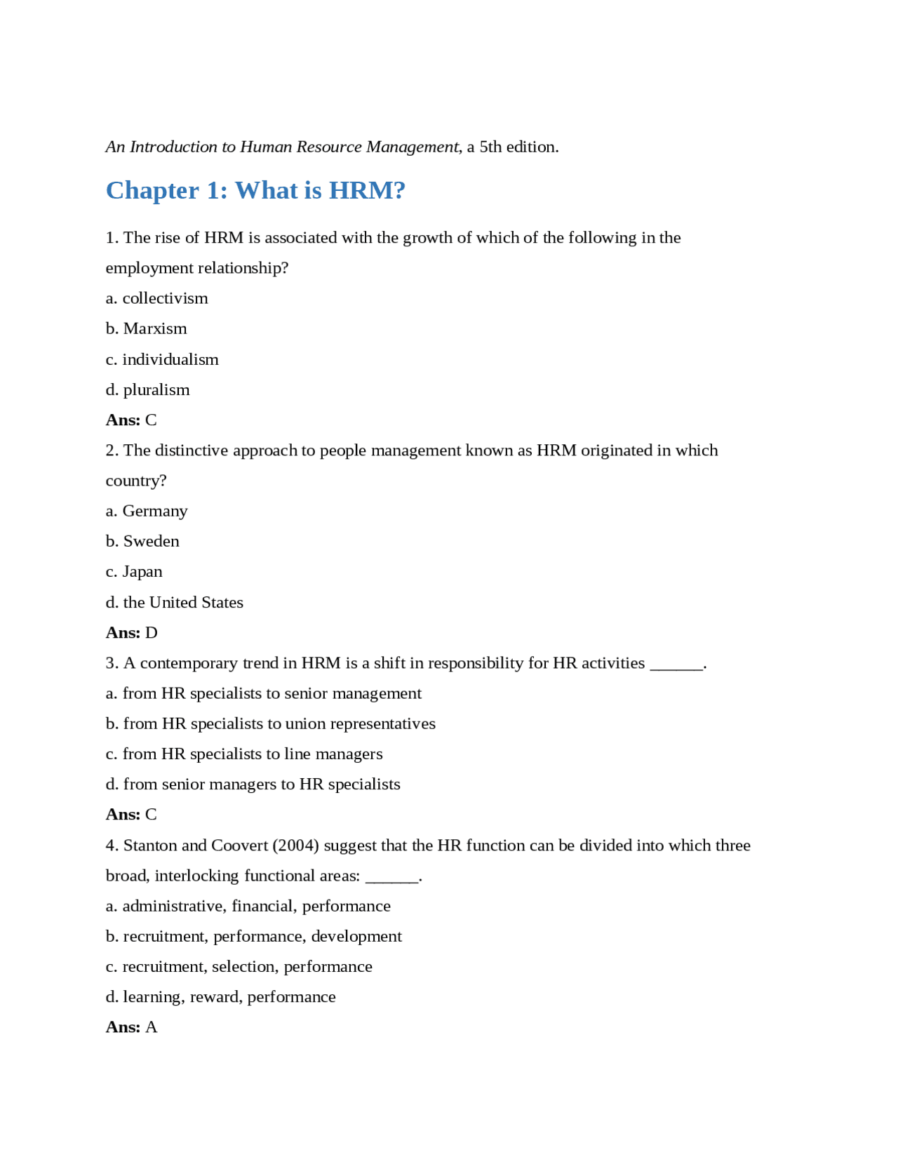 Test Bank An Introduction to Human Resource Management 5th Edition ...