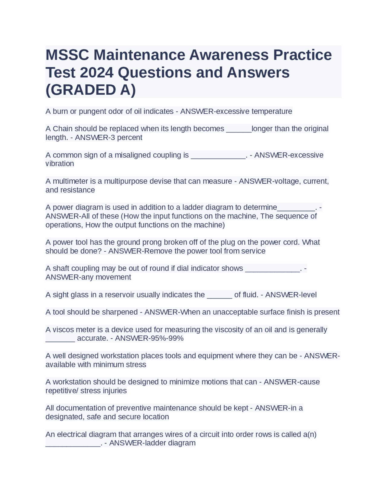 MSSC Maintenance Awareness Practice Test 2024 Questions and Answers (GRADED A) Exams