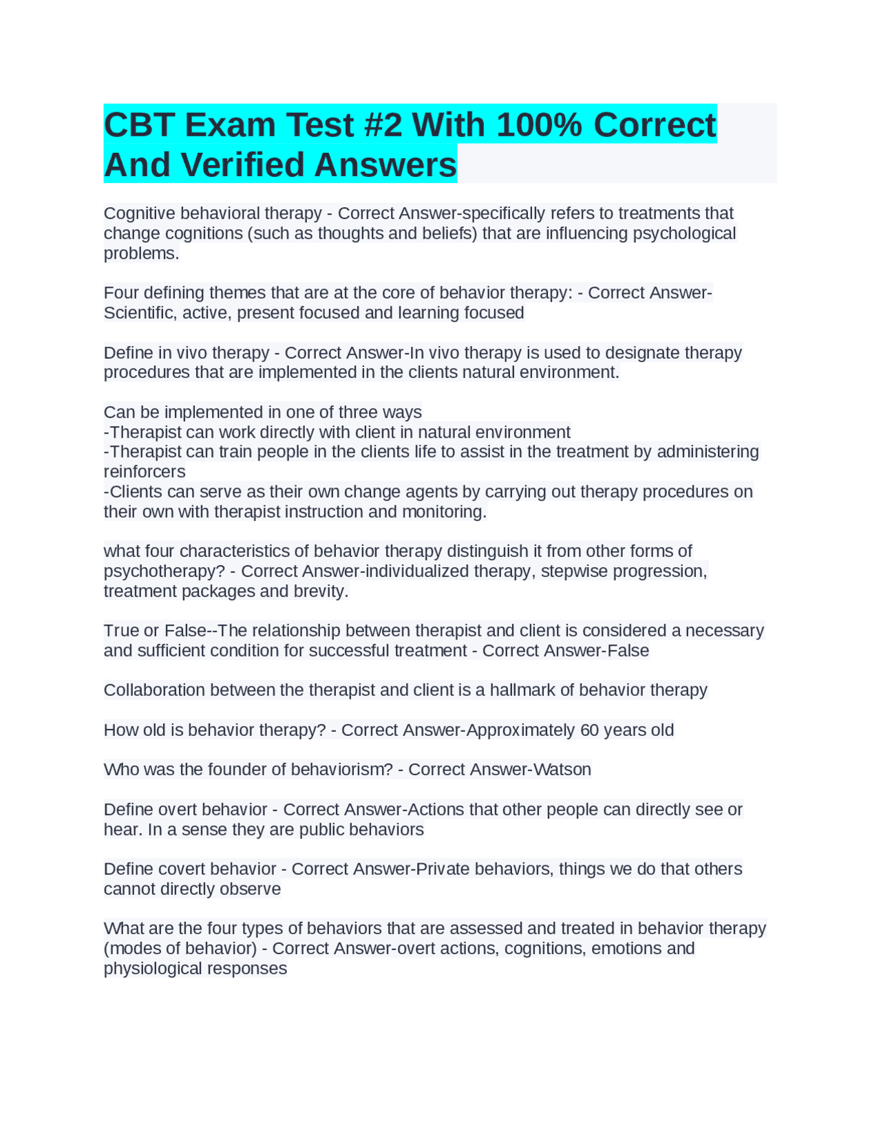 CBT Exam Test #2 With 100% Correct And Verified Answers | Exams ...
