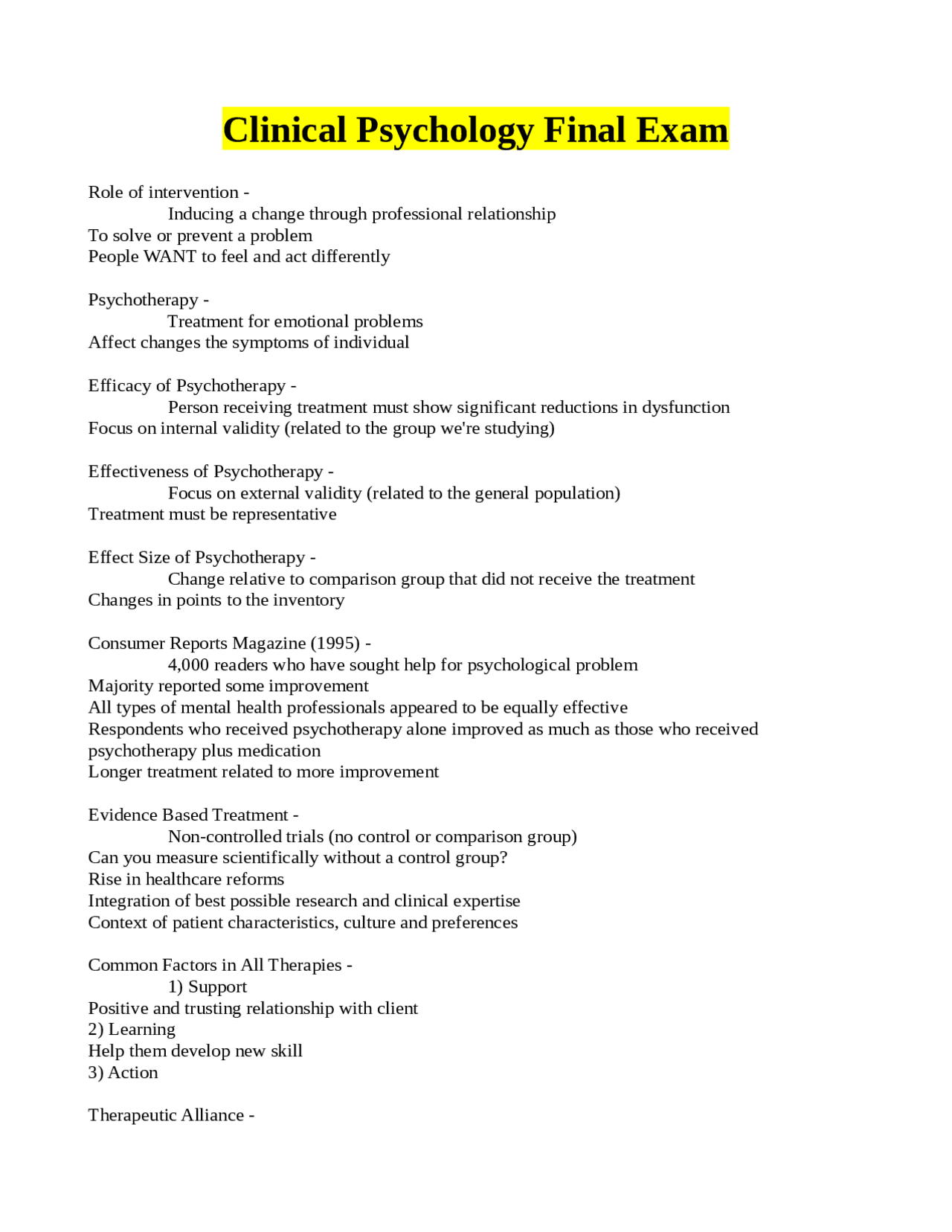 Clinical Psychology Final Exam. | Exams Psychology | Docsity