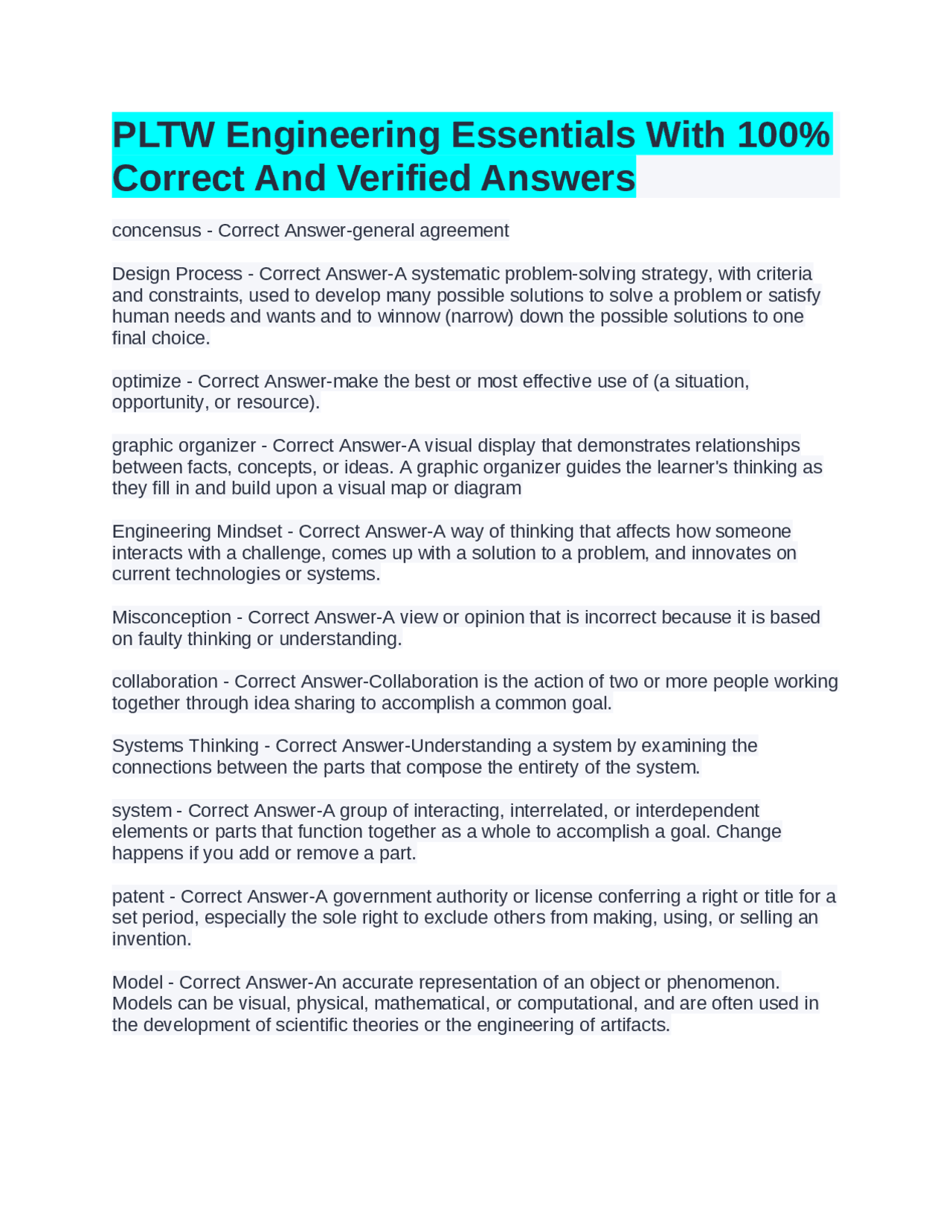 PLTW Engineering Essentials With 100% Correct And Verified Answers ...