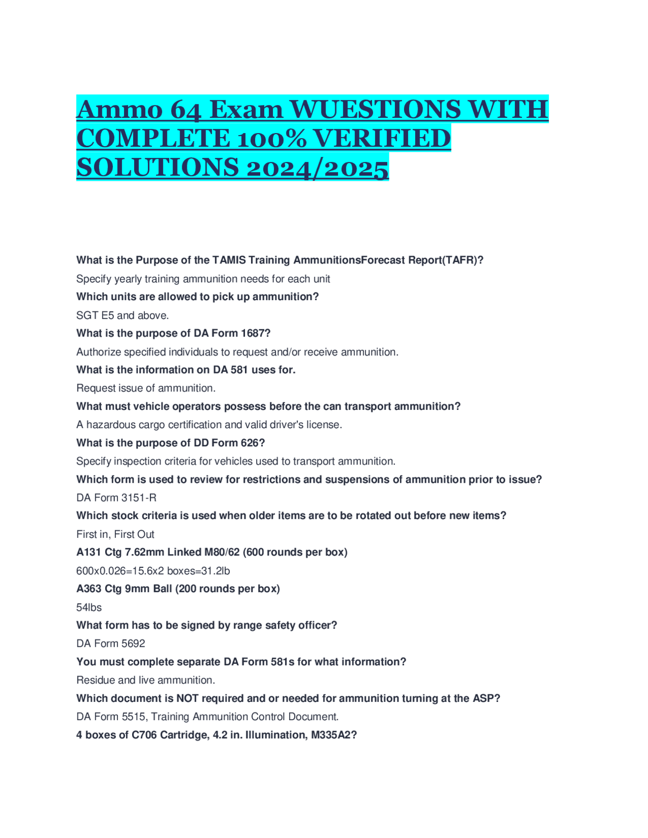 ammo-64-exam-wuestions-with-complete-100-verified-solutions-2024-2025-exams-military-strategy-and-training-docsity
