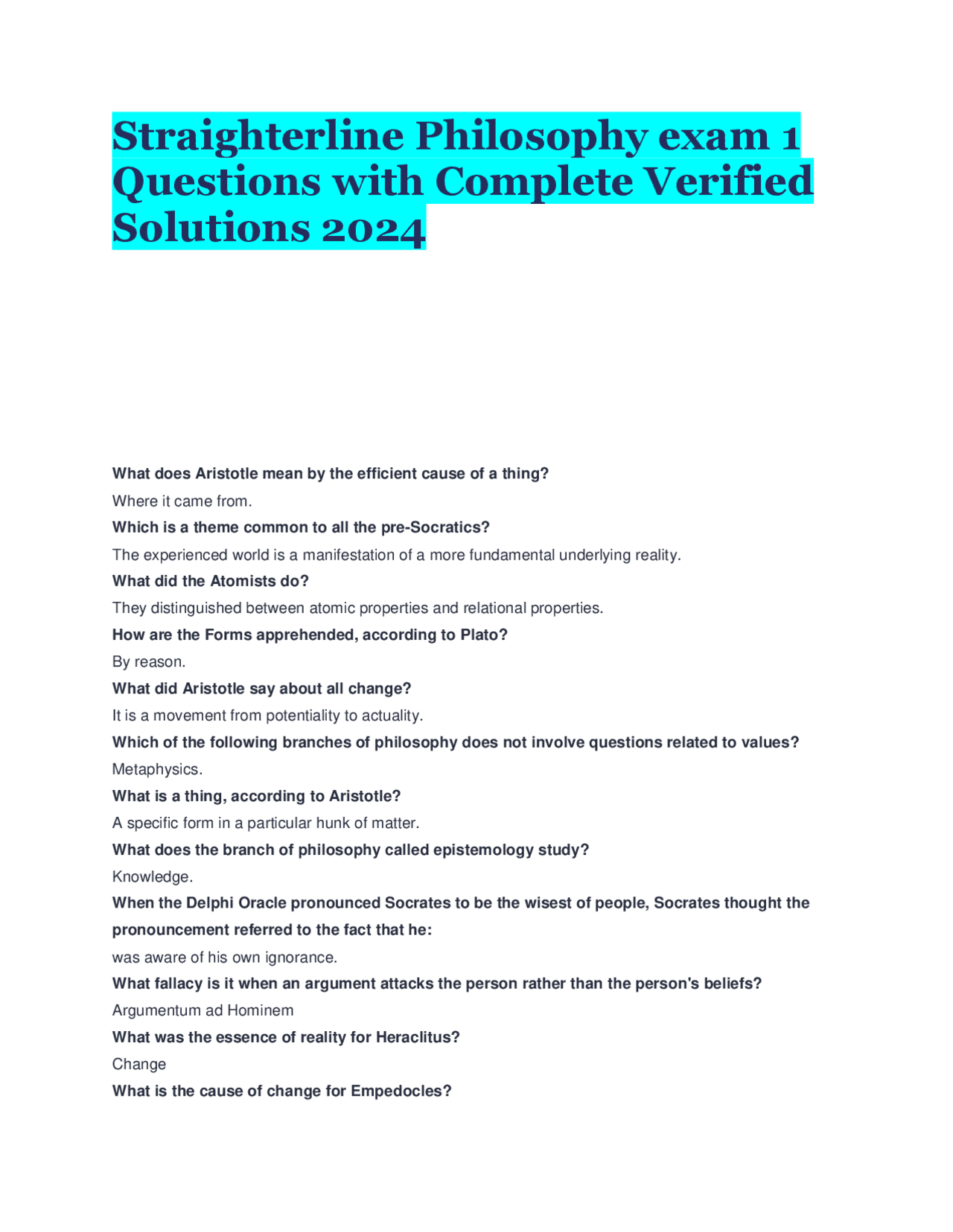 Straighterline Philosophy exam 1 Questions with Complete Verified ...