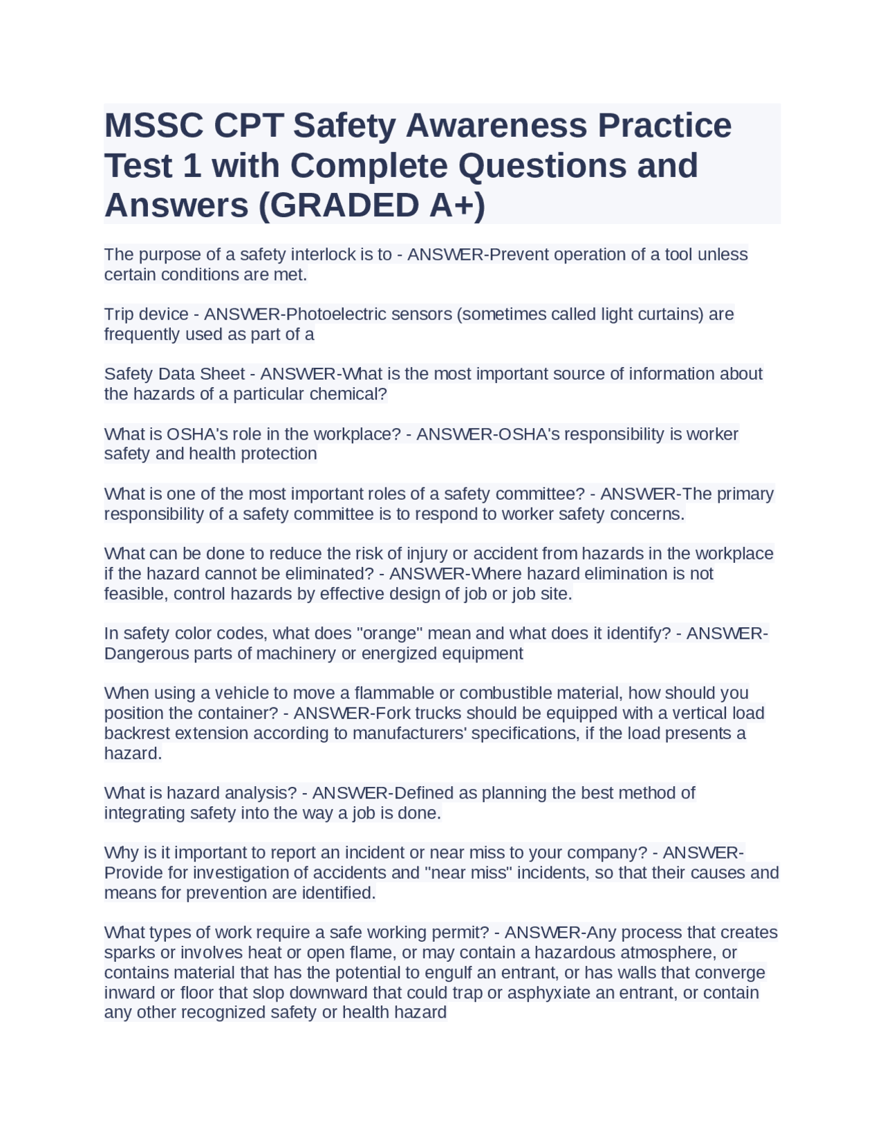 MSSC CPT Safety Awareness Practice Test 1 with Complete Questions and