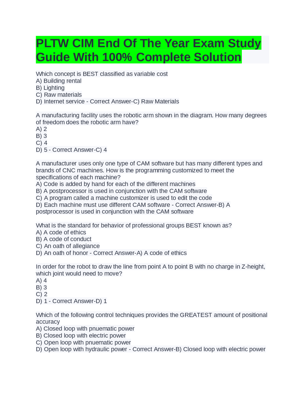 PLTW CIM End Of The Year Exam Study Guide With 100% Complete Solution ...