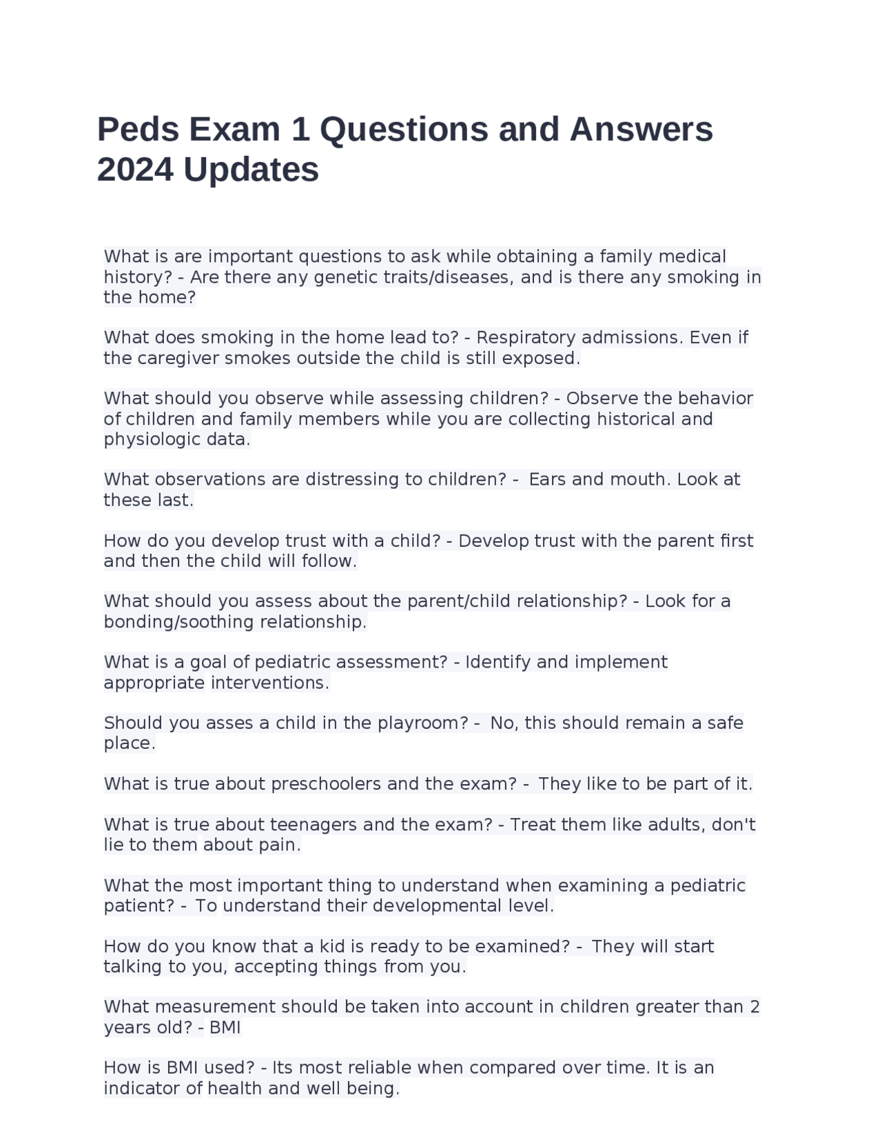 Peds Exam 1 Questions and Answers 2024 Updates | Exams Nursing | Docsity