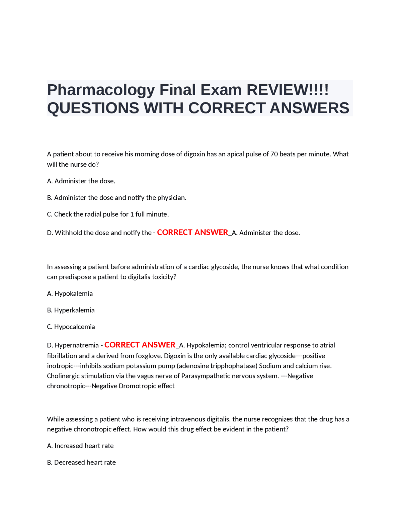 Pharmacology Final Exam REVIEW!!!! QUESTIONS WITH CORRECT ANSWERS ...