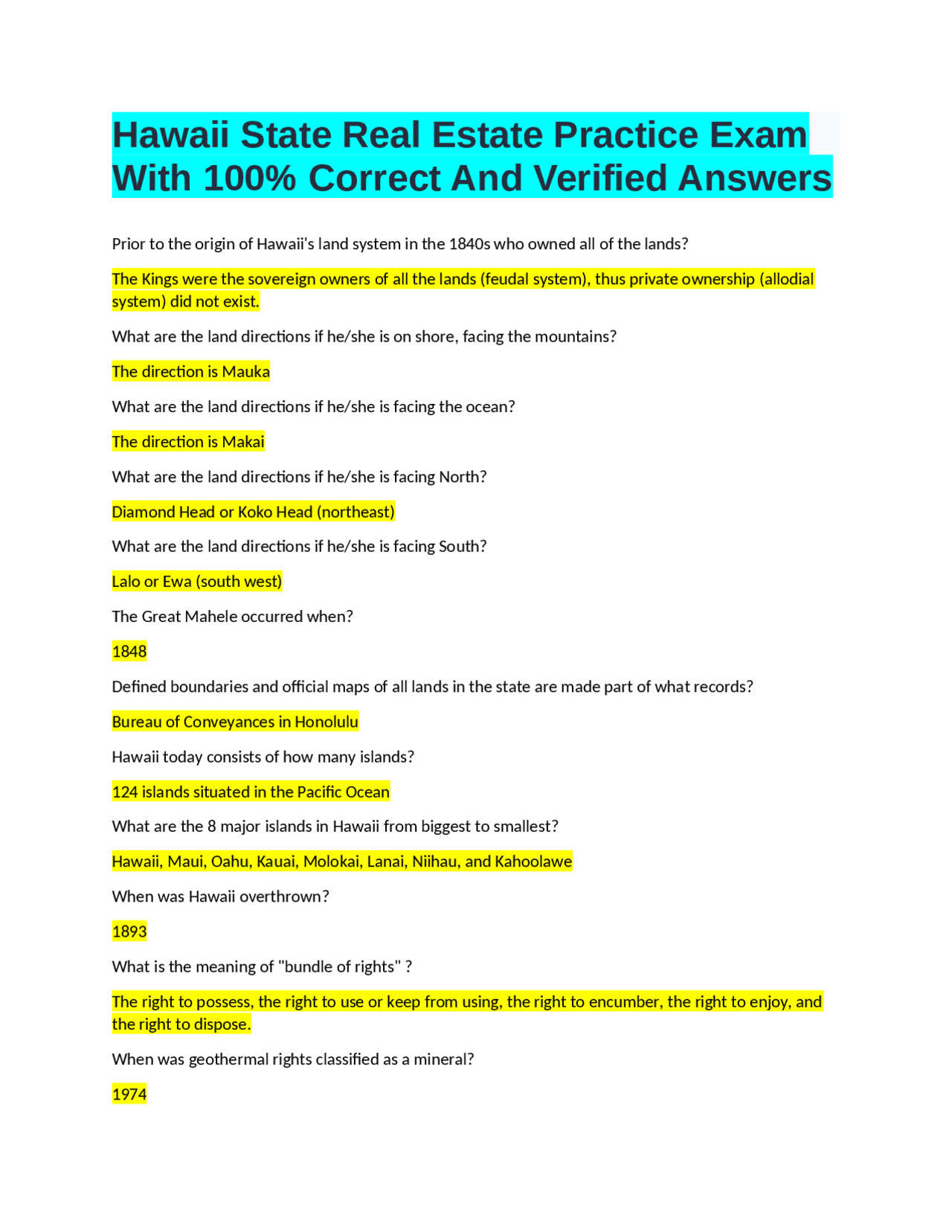 Hawaii State Real Estate Practice Exam With 100% Correct And Verified Answers | Exams Advanced ...