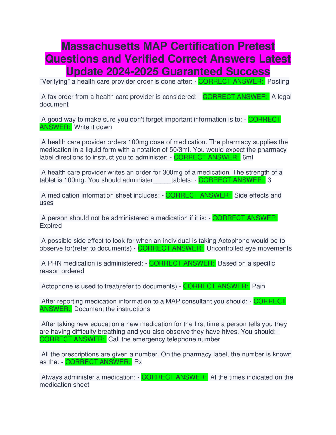 Massachusetts MAP Certification Pretest Questions and Verified Correct ...
