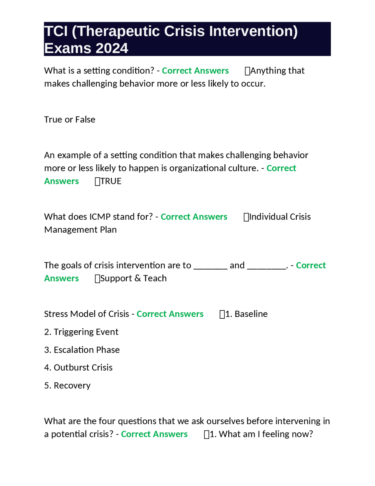 Tci Questionnaire.pdf TCI (Therapeutic Crisis Intervention) Exams 2024 | Exams Nursing | Docsity