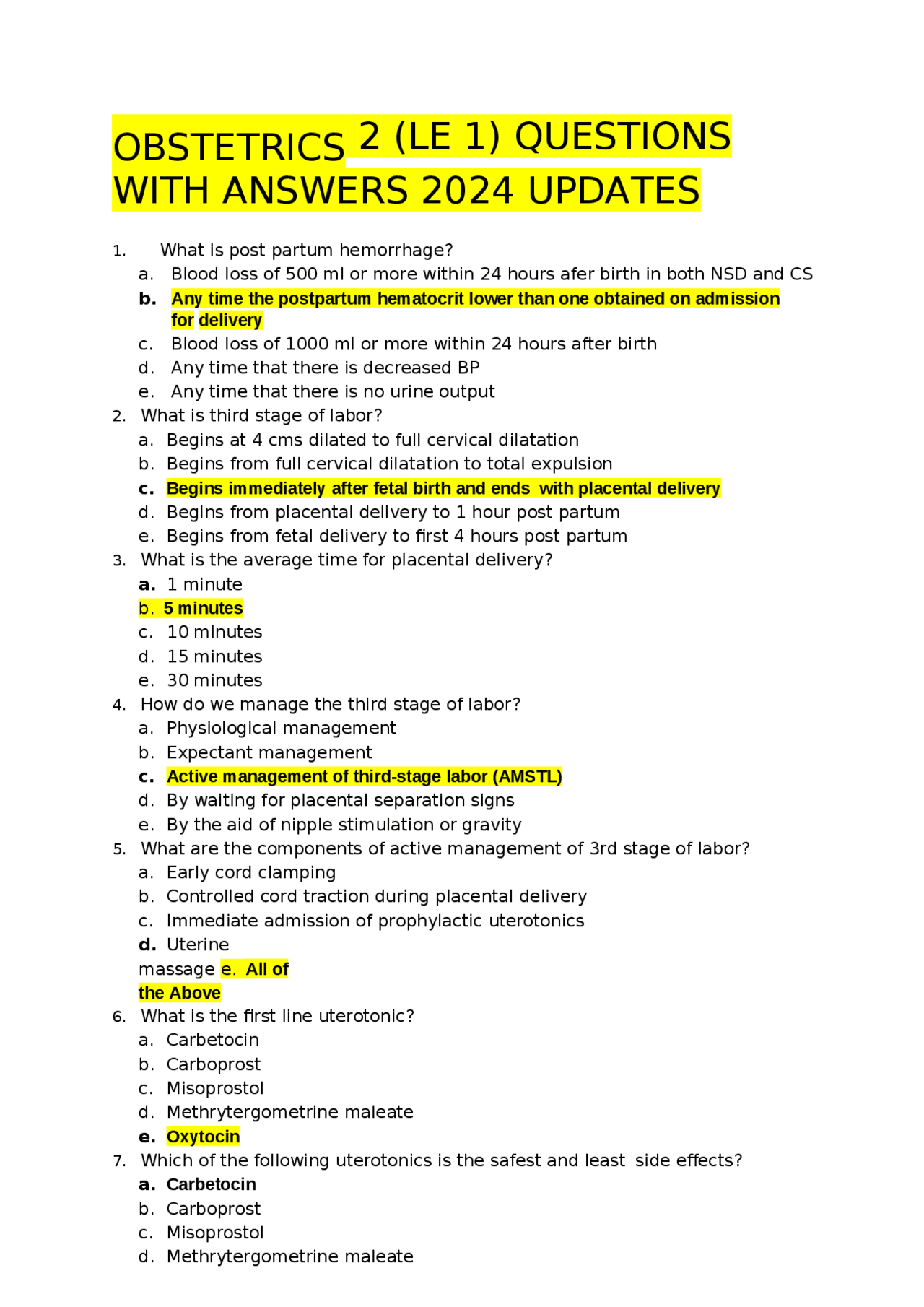 OBSTETRICS 2 (LE 1) QUESTIONS WITH ANSWERS 2024 UPDATES | Exams Nursing ...