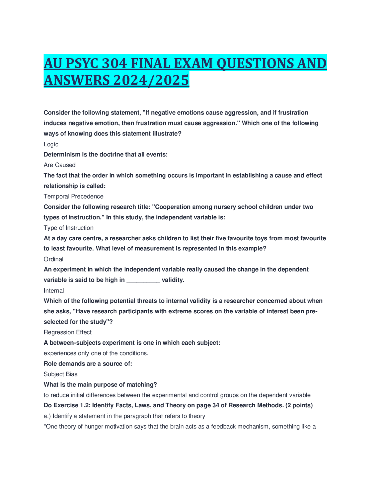 AU PSYC 304 FINAL EXAM QUESTIONS AND ANSWERS 2024/2025 | Study Guides ...