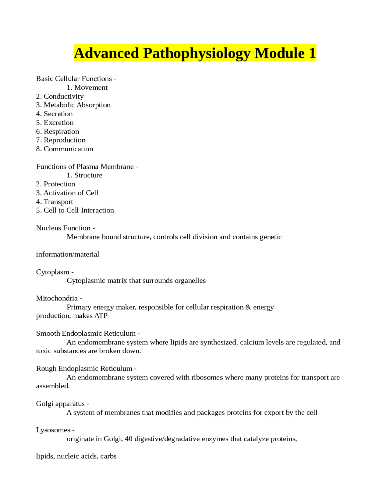 Advanced Pathophysiology Module 1 | Exams Pathophysiology | Docsity