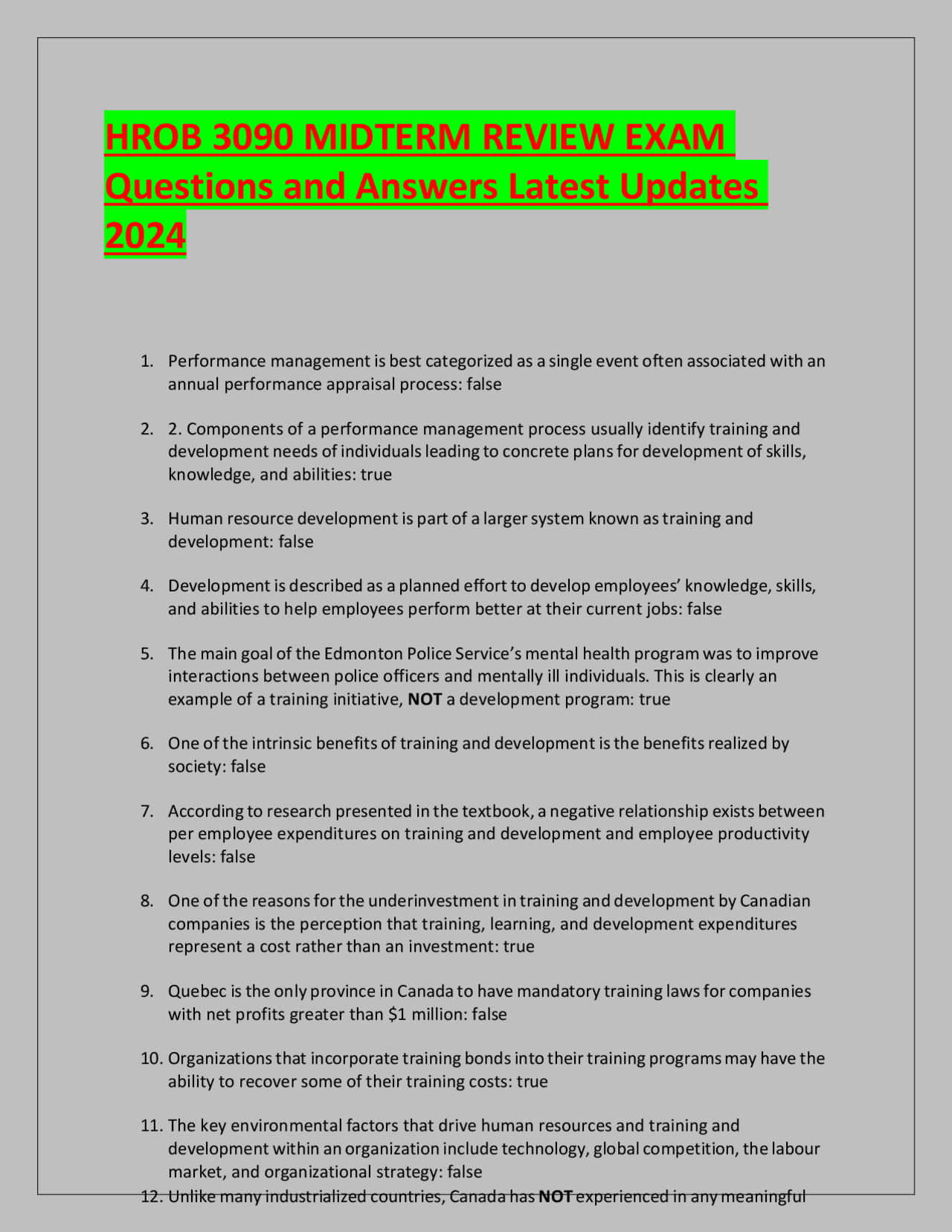 HROB 3090 MIDTERM REVIEW EXAM Questions and Answers Latest Updates 2024 ...