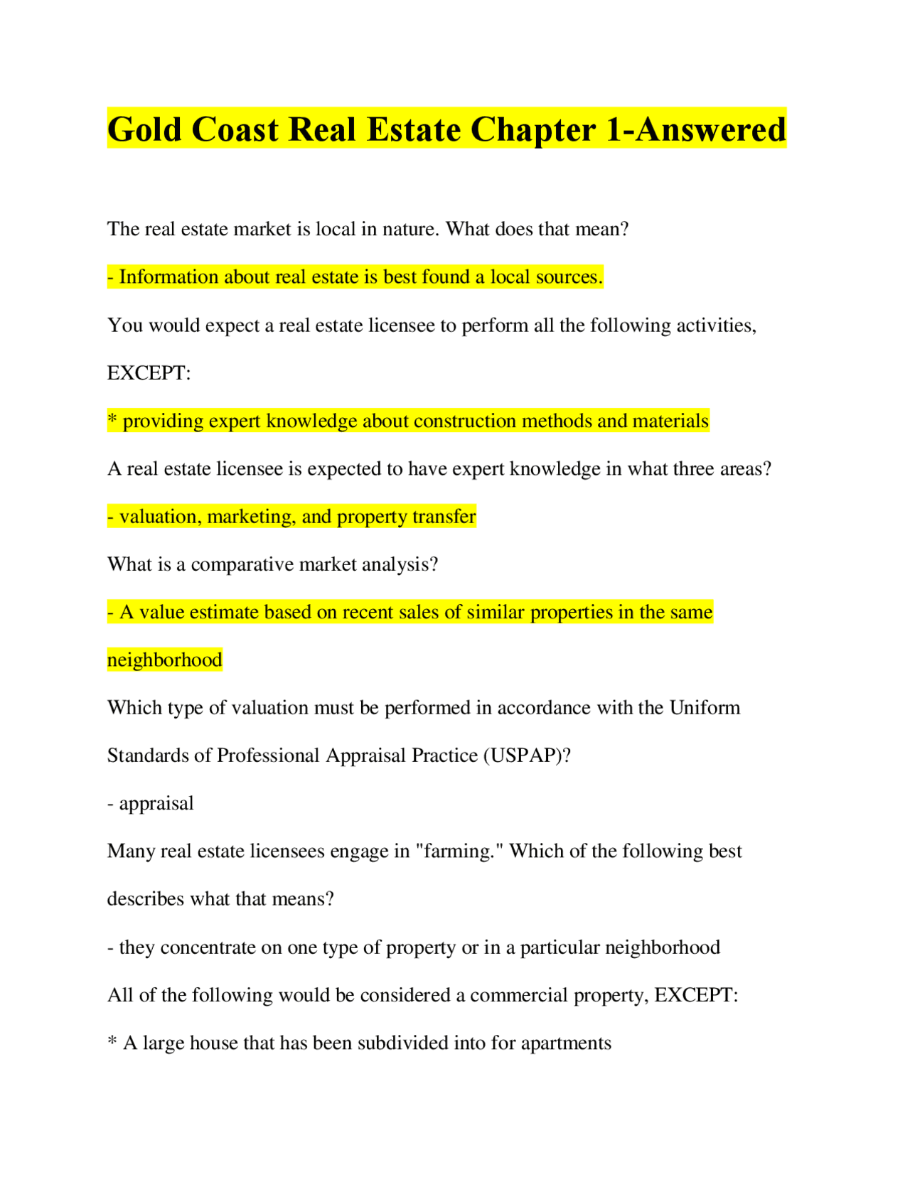 Gold Coast Real Estate Chapter 1Answered Exams Real Estate