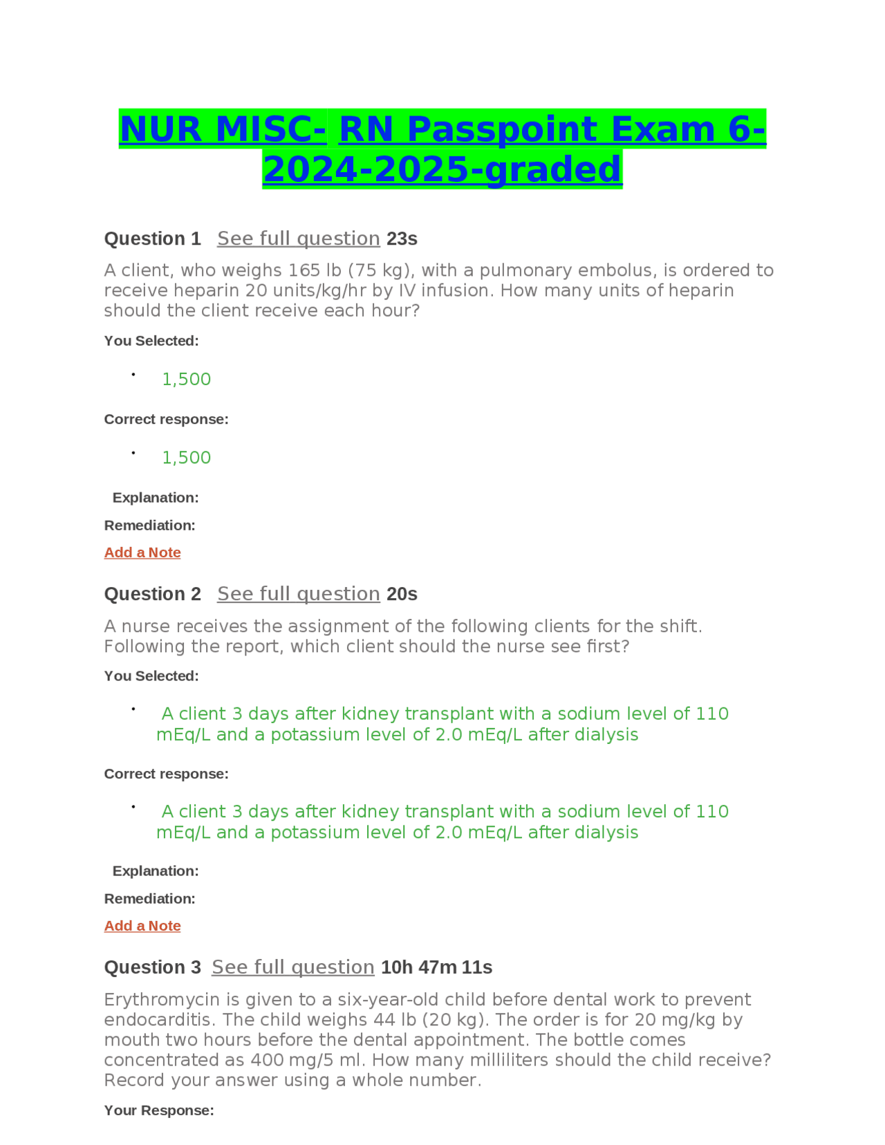 NUR MISC- RN Passpoint Exam 6-2024-2025-graded.docx | Exams Nursing ...