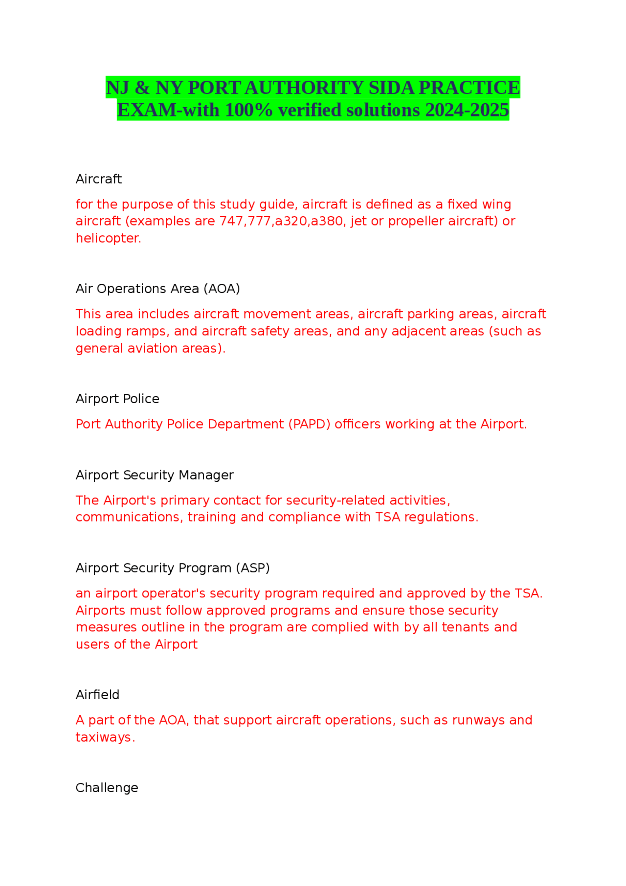 NJ & NY PORT AUTHORITY SIDA PRACTICE EXAM-with 100% verified solutions 2024-2025 | Exams ...