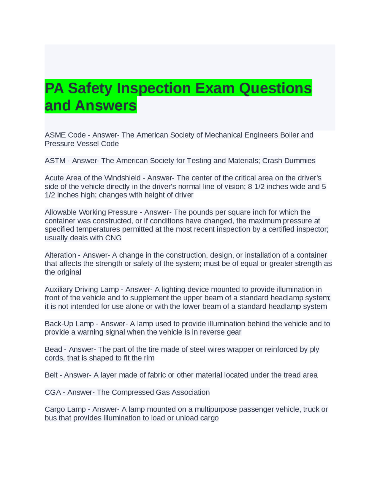PA Safety Inspection Exam Questions and Answers | Exams Engineering ...