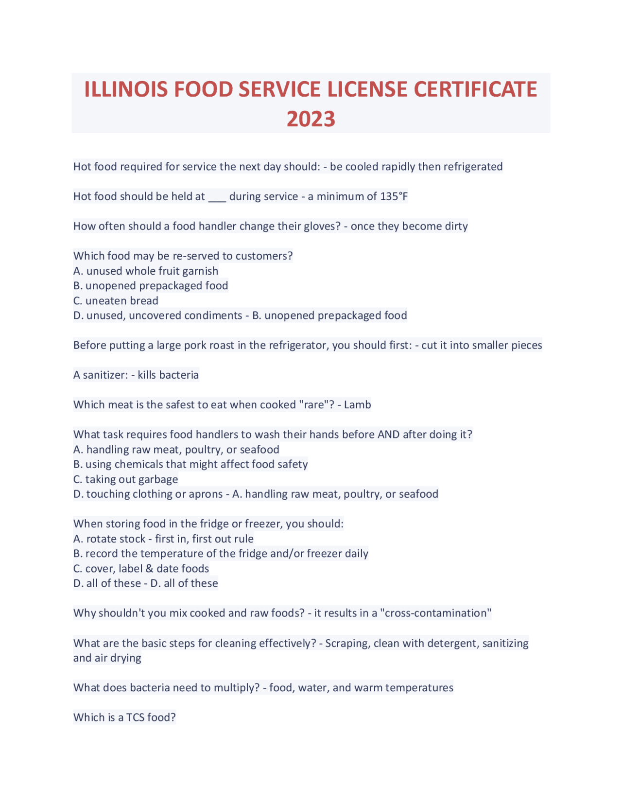 ILLINOIS FOOD SERVICE LICENSE CERTIFICATE 2024 Exams Food Science and