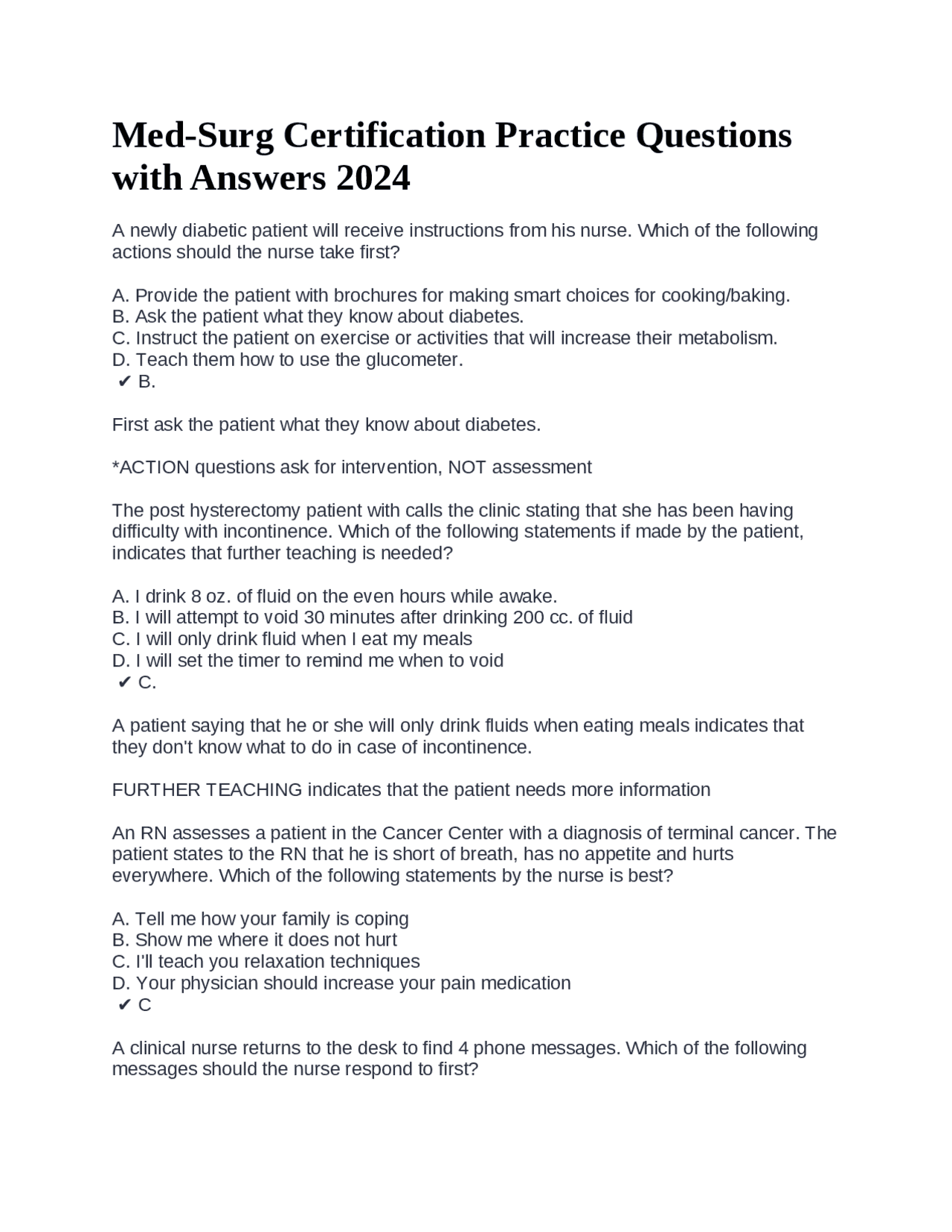 Med-Surg Certification Practice Questions with Answers 2024 | Exams Nursing | Docsity