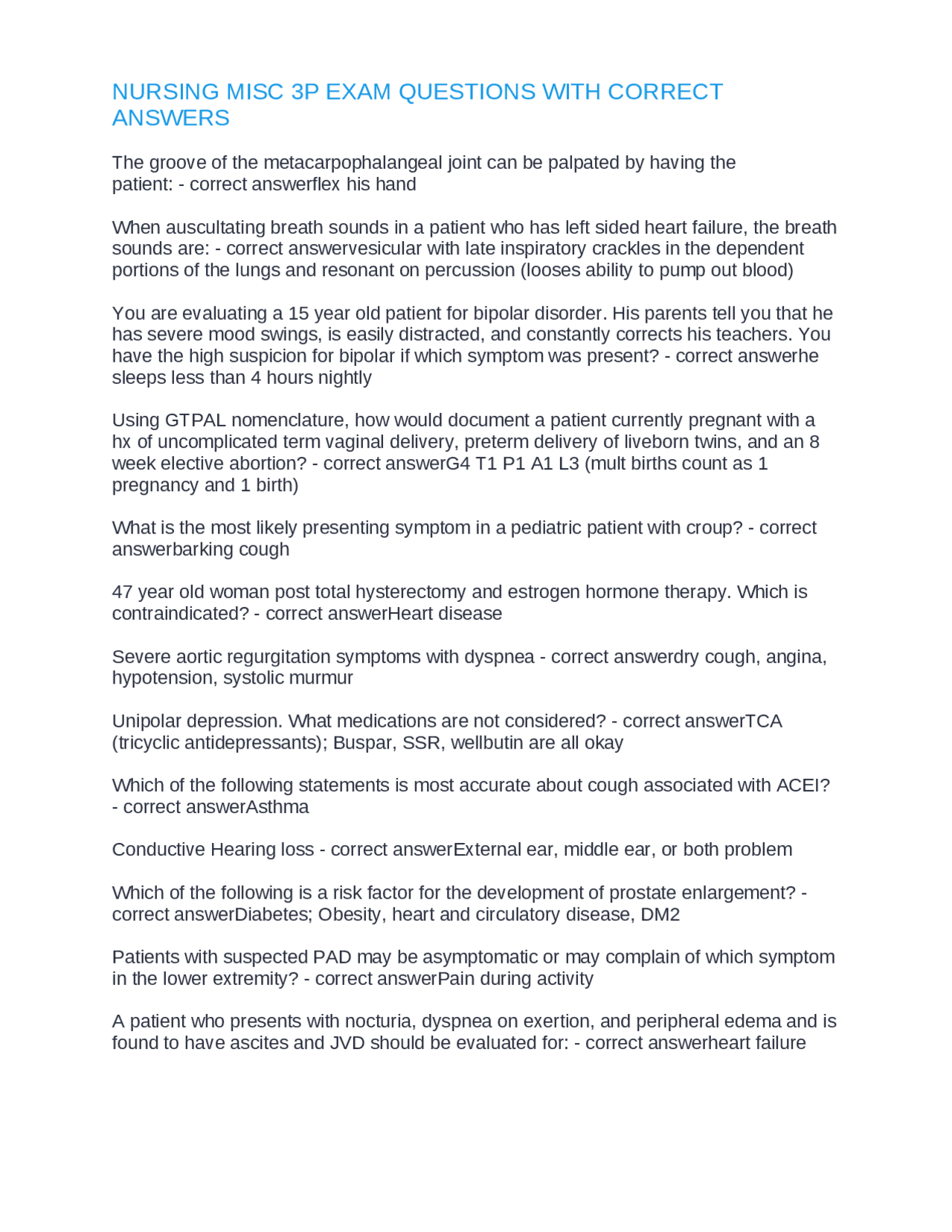 NURSING MISC 3P EXAM QUESTIONS WITH CORRECT ANSWERS | Exams Nursing ...